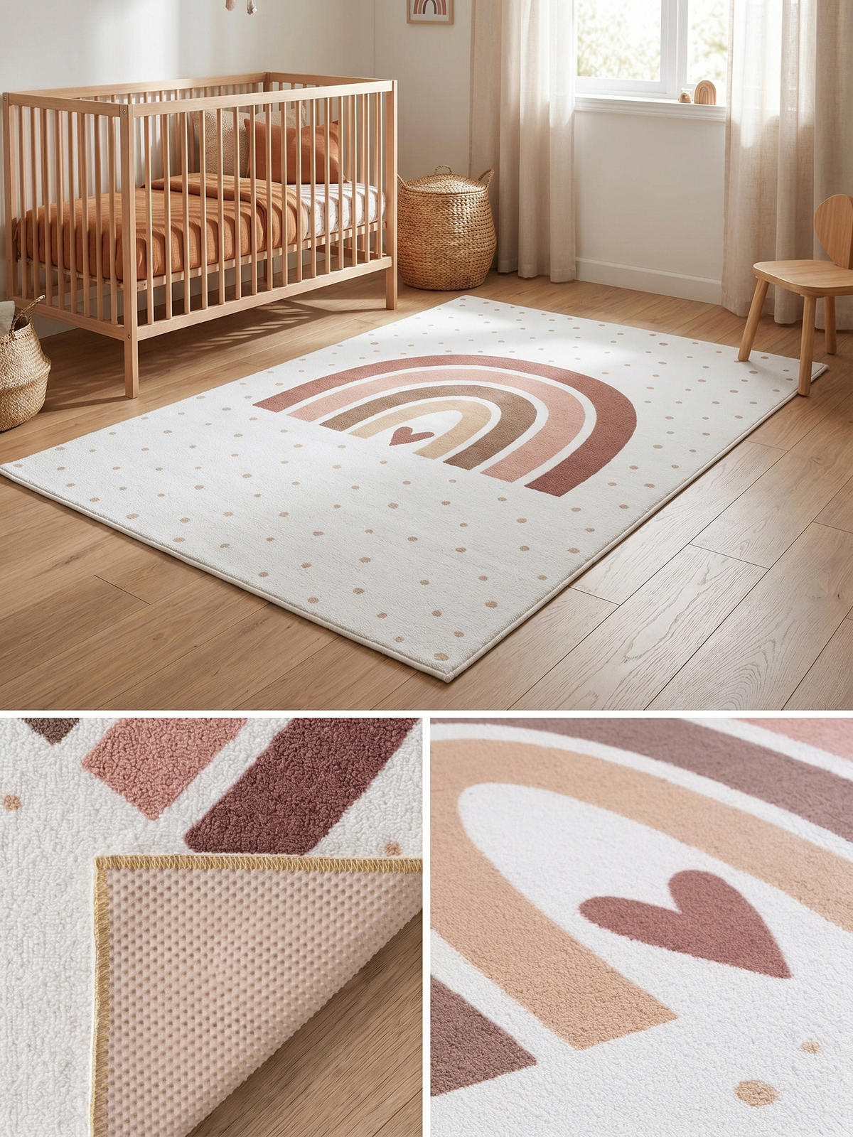 SPIELTEPPICH Waschbar TINO in Creme, mit Regenbogen- und Herz-Motiv, 160 x 230 cm - Beige, Textil (230/160cm) - KADIMA DESIGN