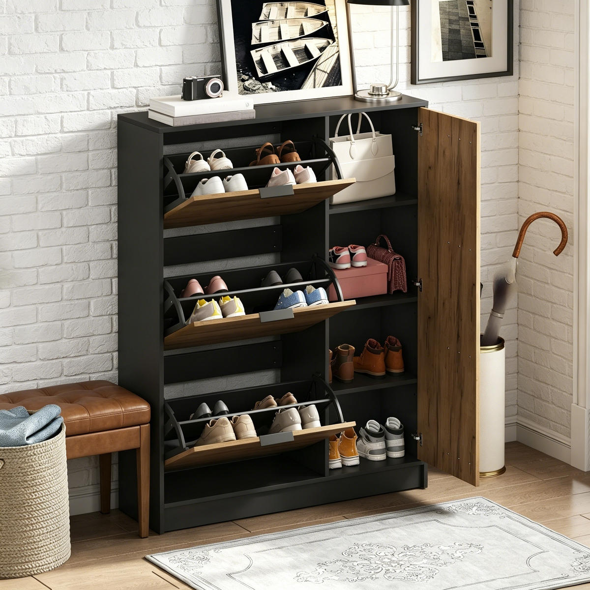 SCHUHSCHRANK Naturholzfarbe und Schwarz 100/30/130 cm - Naturfarben, Holzwerkstoff (100/130/30cm) - PANGIVO