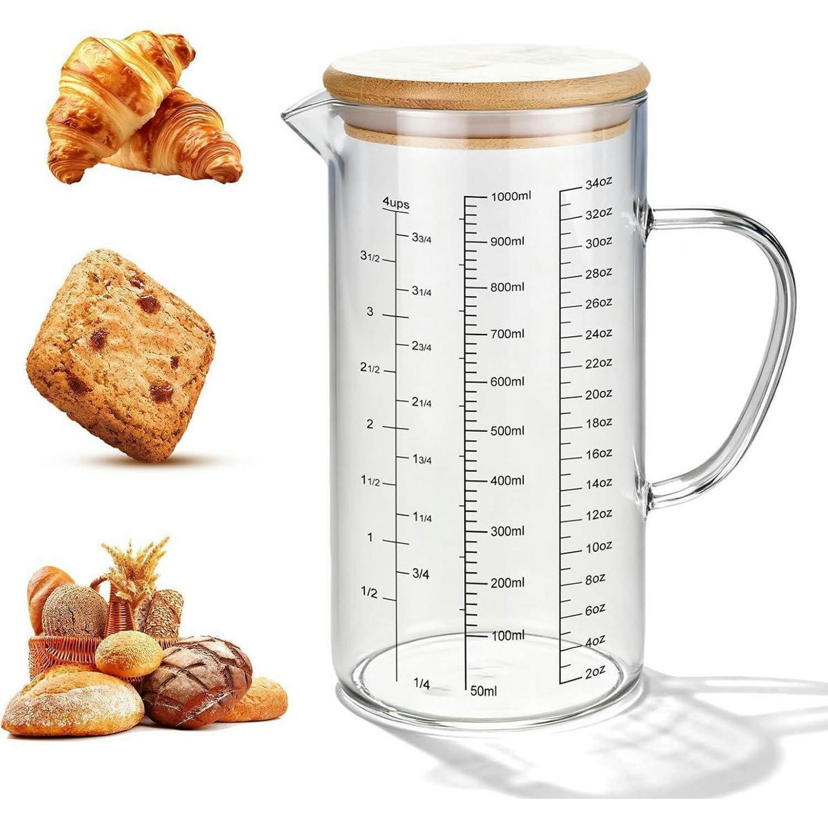 MESSBECHER 1L Glas mit Griff und Deckel - Transparent, Glas (1L)
