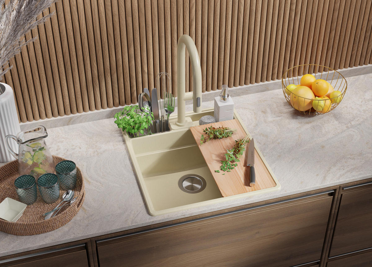 SPÜLBECKEN New York, 2-er set Beige 48/53 cm 1 Becken + Ablauf-Set + Küchenzubehörset ab 50er Unterschrank - Chromfarben/Beige, Kunststoff (48/20/53cm) - Primagran