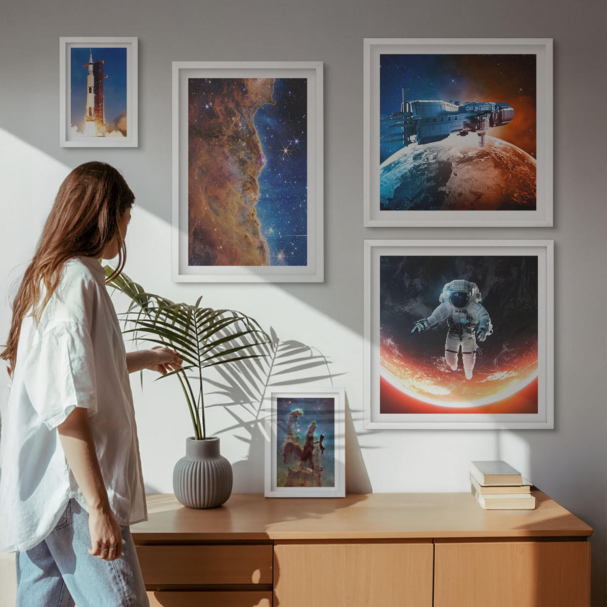 WANDBILDER 5er-Set - 50x50 cm & 20x30 cm & 40x60 cm Weißer Rahmen - Farbenfrohes abstraktes Porträt - Weiß, Kunststoff (40/60cm) - ArtPrintCave