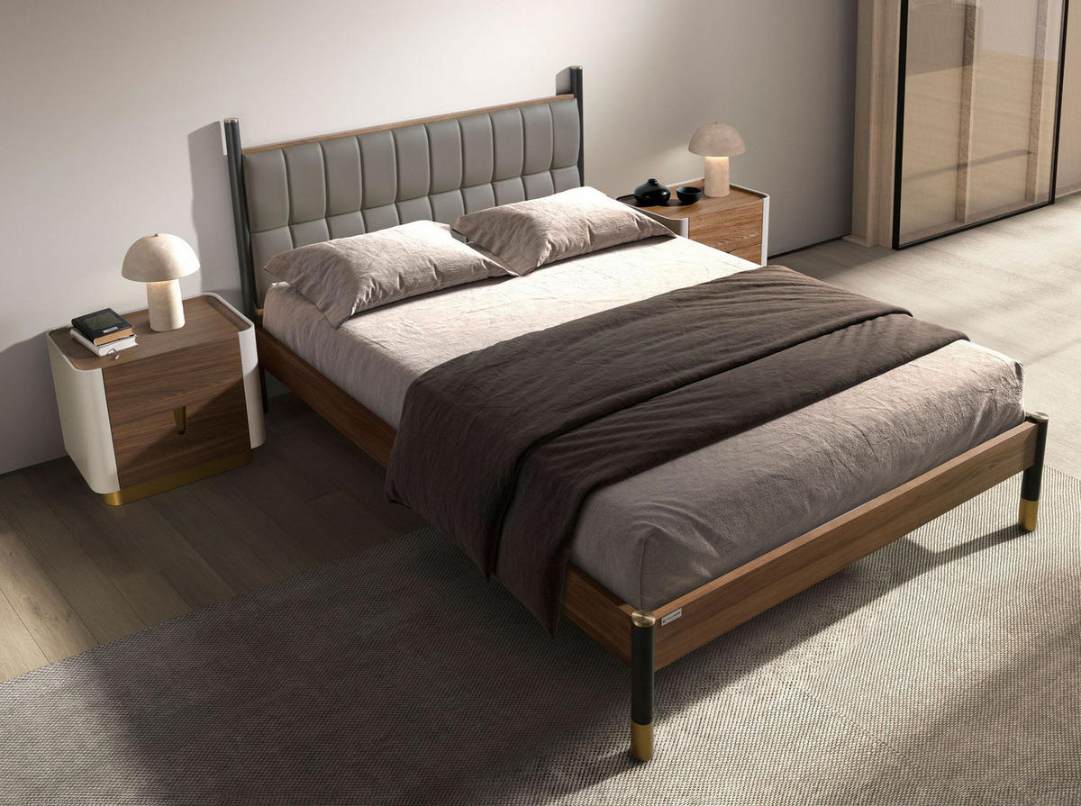 BETT Rechteckig Dunkelgrau Walnuss 160/215/112 cm - Grau, Leder/Holz (160/200cm) - ANGEL CERDA