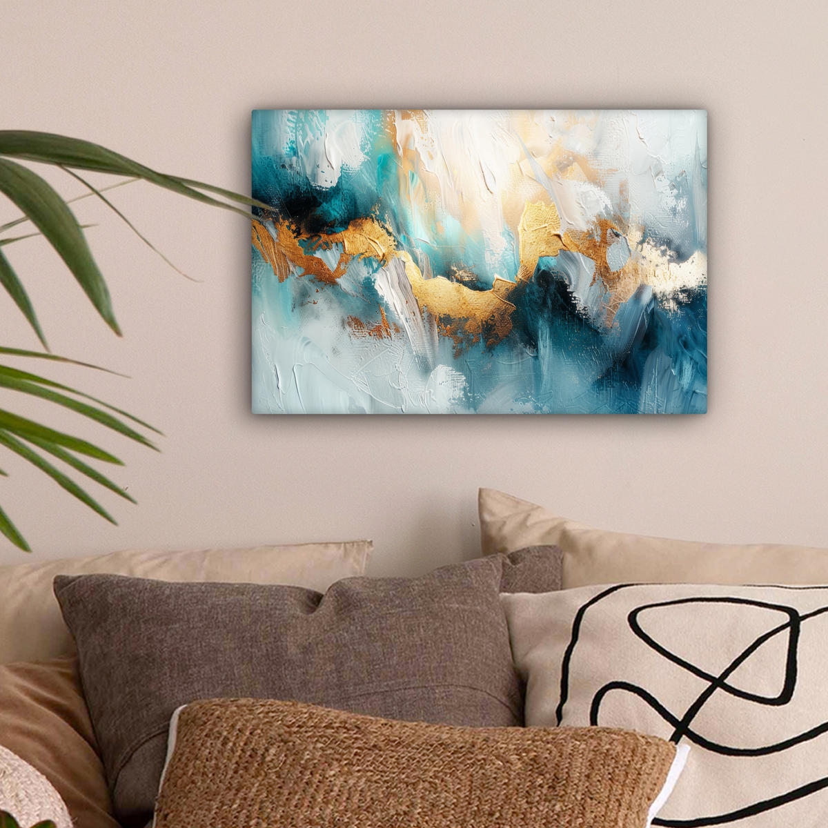 LEINWANDBILD Abstrakt - Kunst - Gold - Blau 30x20 cm - Petrol, Textil (30/20cm) - MuchoWow