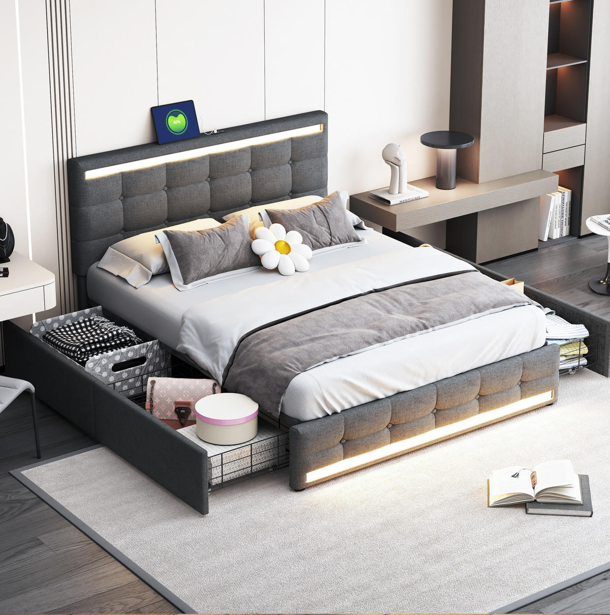 POLSTERBETT 140/200 cm grau mit LED-Beleuchtung und 4 Schubladen - Grau, Textil (140/200cm) - OKWISH