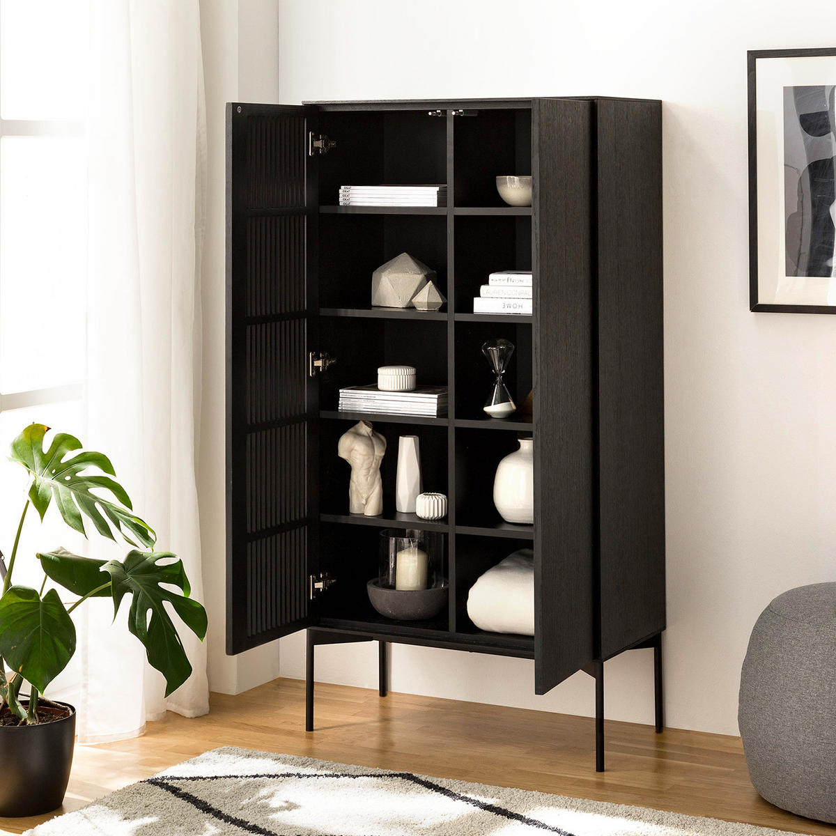 HIGHBOARD - Echtholzfurnier, Eiche Schwarz - Eichefarben/Schwarz, Holzwerkstoff (80/155/40cm) - home24