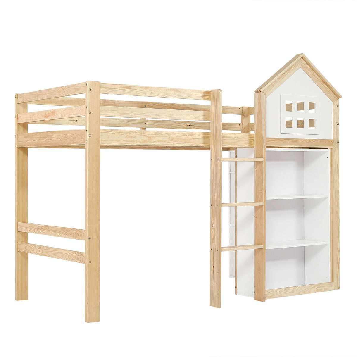 HOCHBETT 90x200 cm in Weiß+Natur mit Staufächern und Schubladen - Naturfarben, Holz (90/200cm) - KOMHTOM