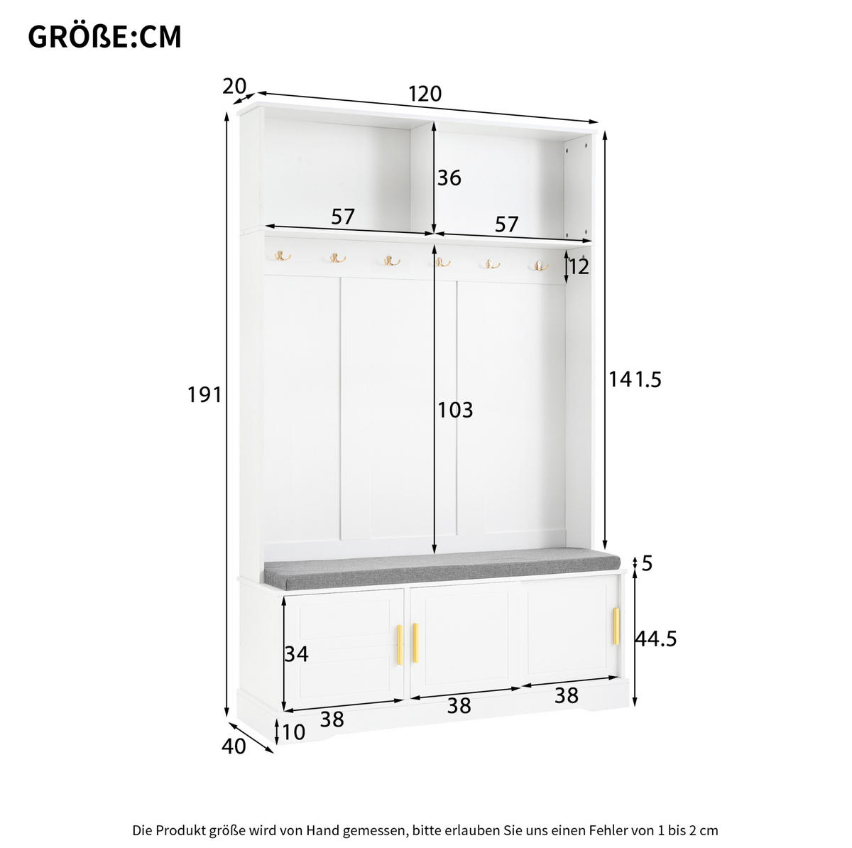 STANDGARDEROBE mit Sitzbank und Schuhablage, 6 Haken, Weiß, 120/40/191 cm - Weiß, Holzwerkstoff (120/191/40cm) - BEAOK