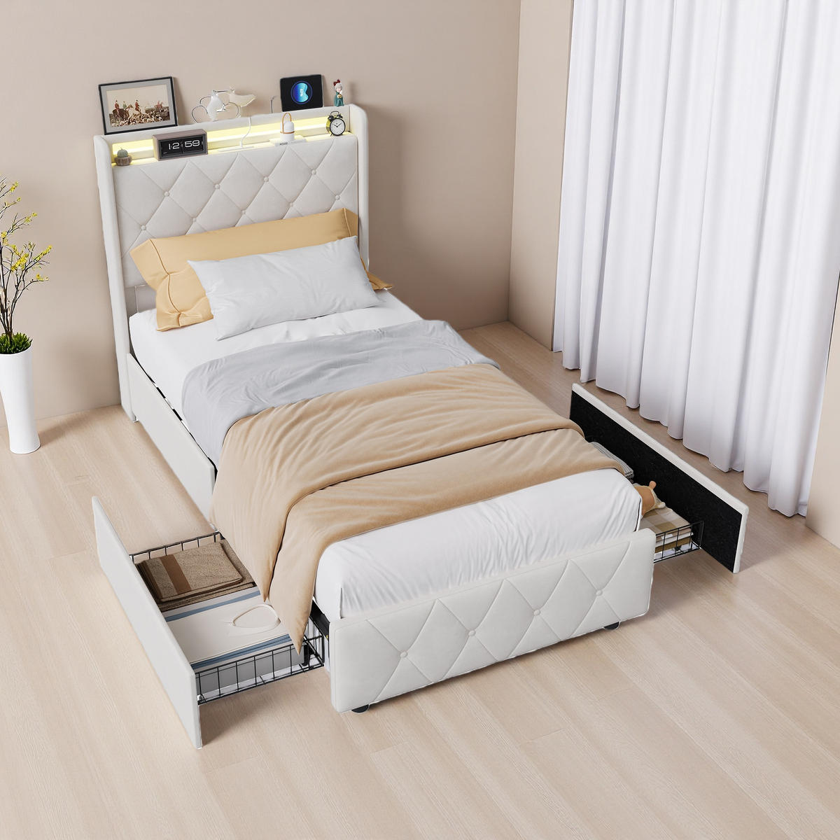 POLSTERBETT 90x200cm Beige LED Ladestation - Beige, Metall - SHOPENTRA