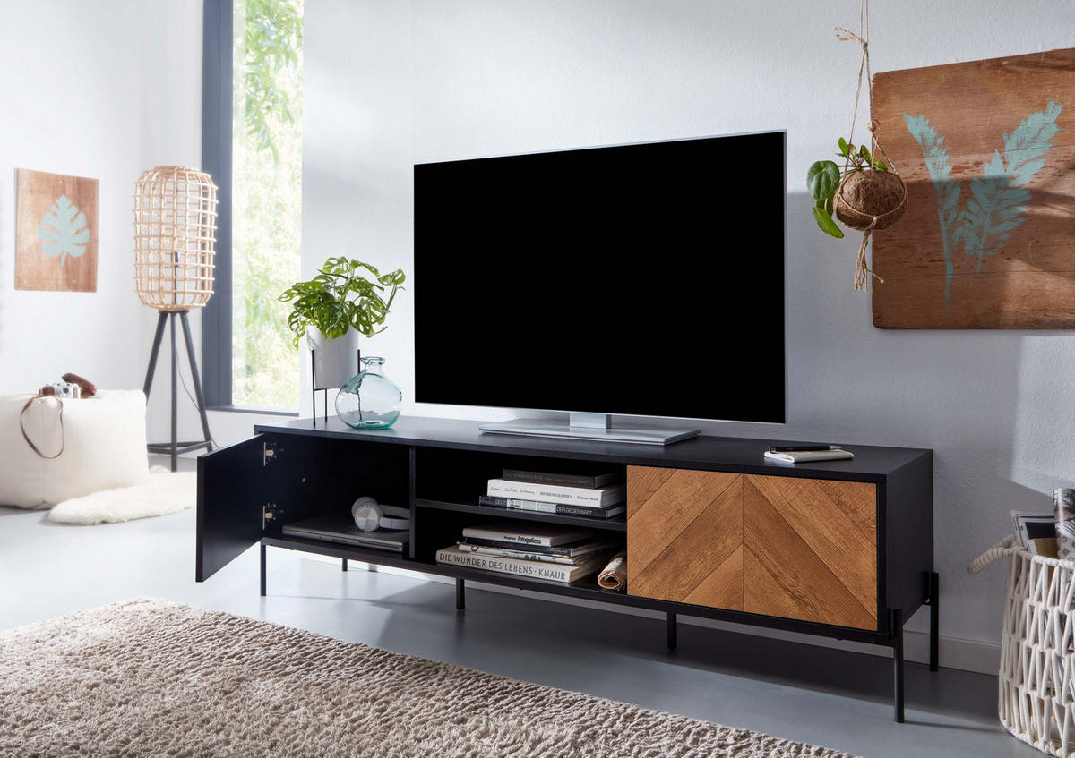 LOWBOARD Modern Stil mit V-Muster für 70-Zoll Fernseher - Schwarz, Holz/Metall (163/45/40cm) - KADIMA DESIGN