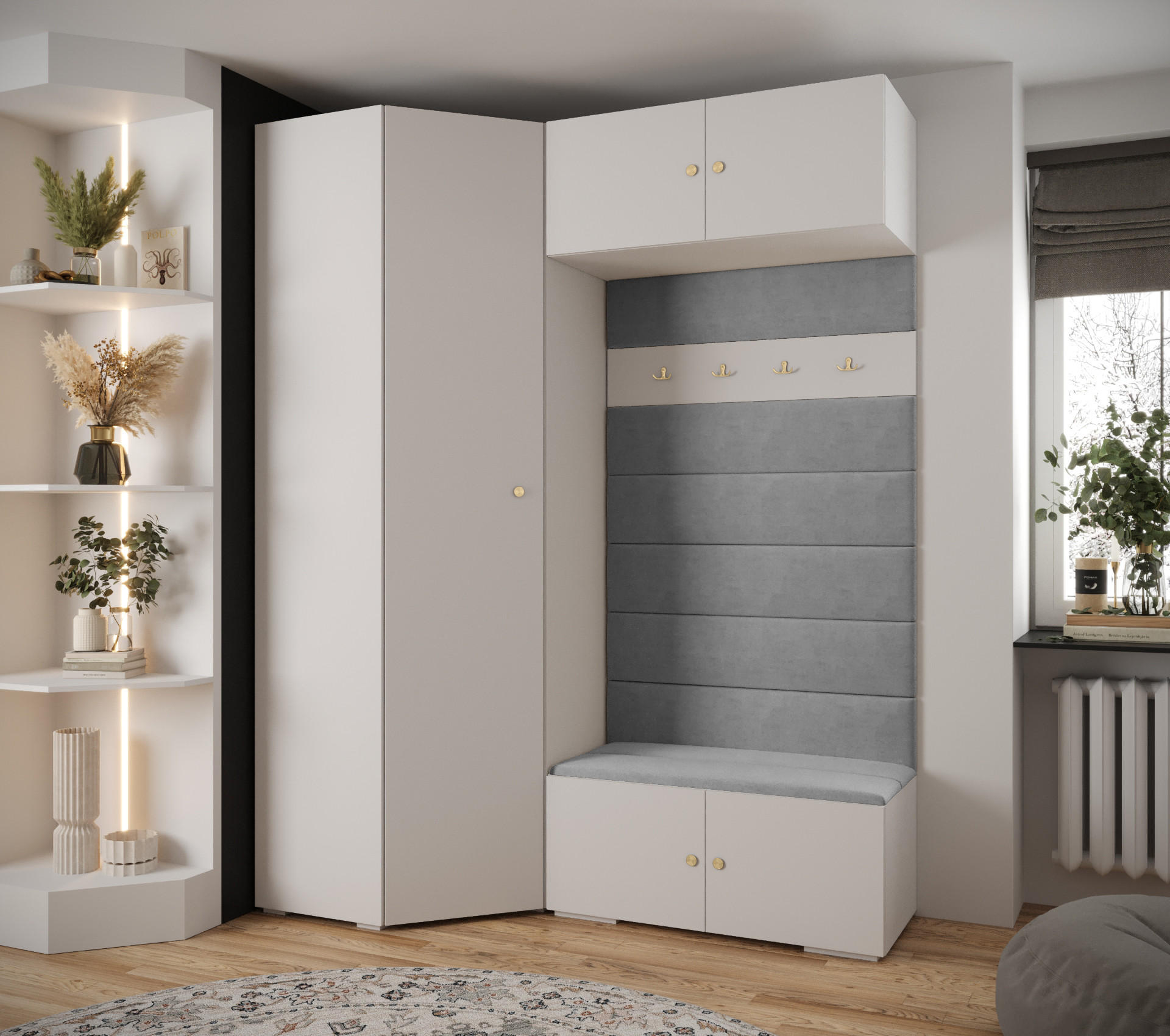 Thumbnail - Abiks Möbel Garderoben-Set, Weiß, Grau, Gold, Metall, Nachbildung, 2-Sitzer, 11 Fächer, 181.7x236.7x47 cm, Garderobe, Ga...