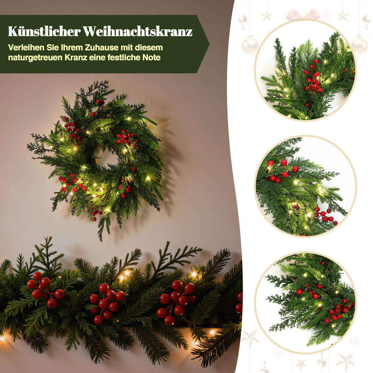 WEIHNACHTSKRANZ mit 25 LEDs & Timer - Smaragdgrün, Naturmaterialien (40cm) - Hometopia