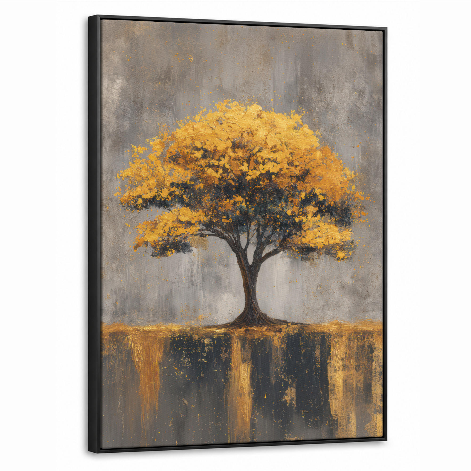 LEINWAND Bilder mit Rahmen - Baum - Blätter - Gold - Abstrakt - 70x100 - Grau, Textil (70/100cm) - MuchoWow