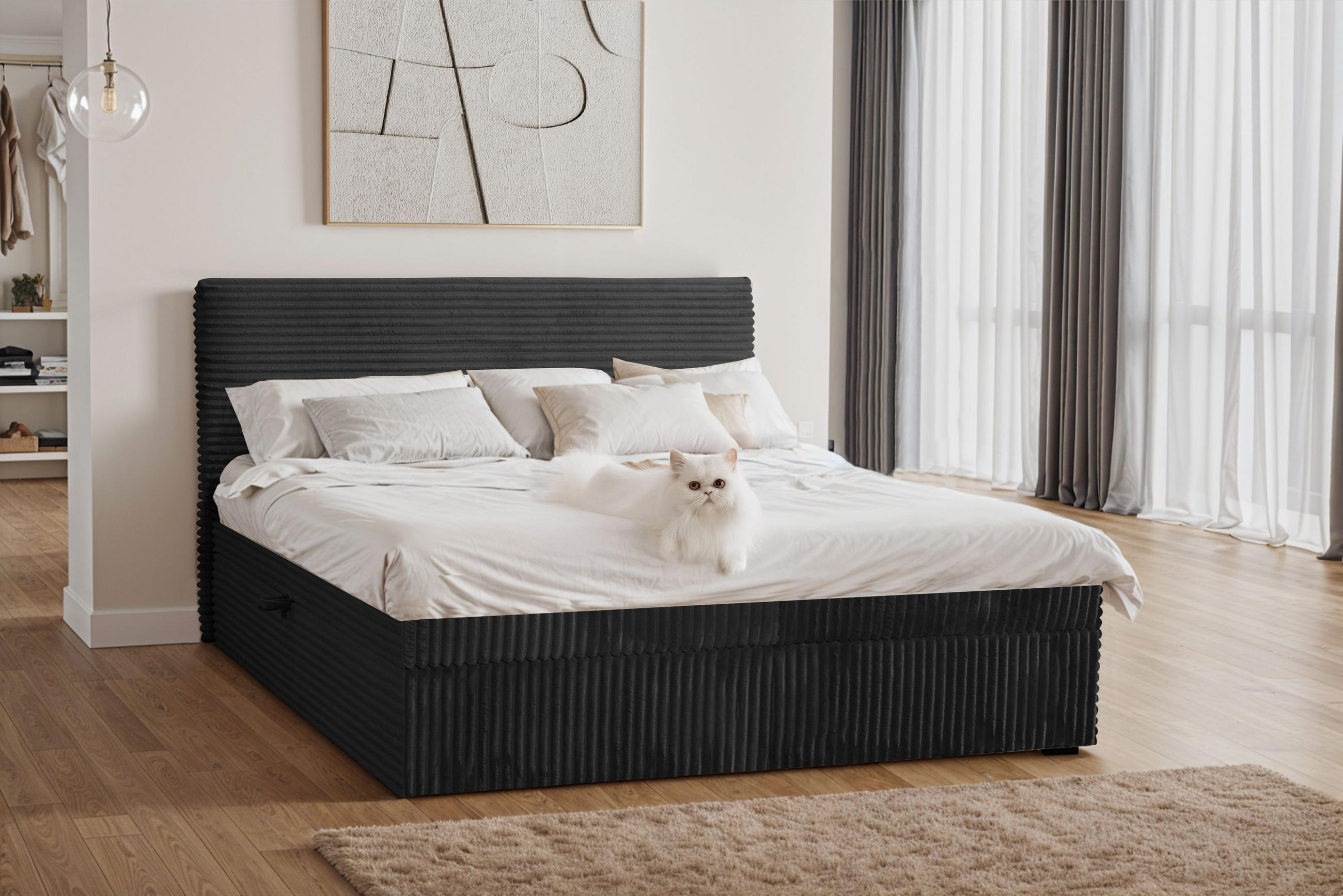 BOXBETT Bettkasten Und Topper TRENTO Ohne Bein Stoff Plüsch Cord 120x200 cm Schwarz H3-Bonell - Schwarz, Holz/Textil (120/200cm) - Kaiser Möbel