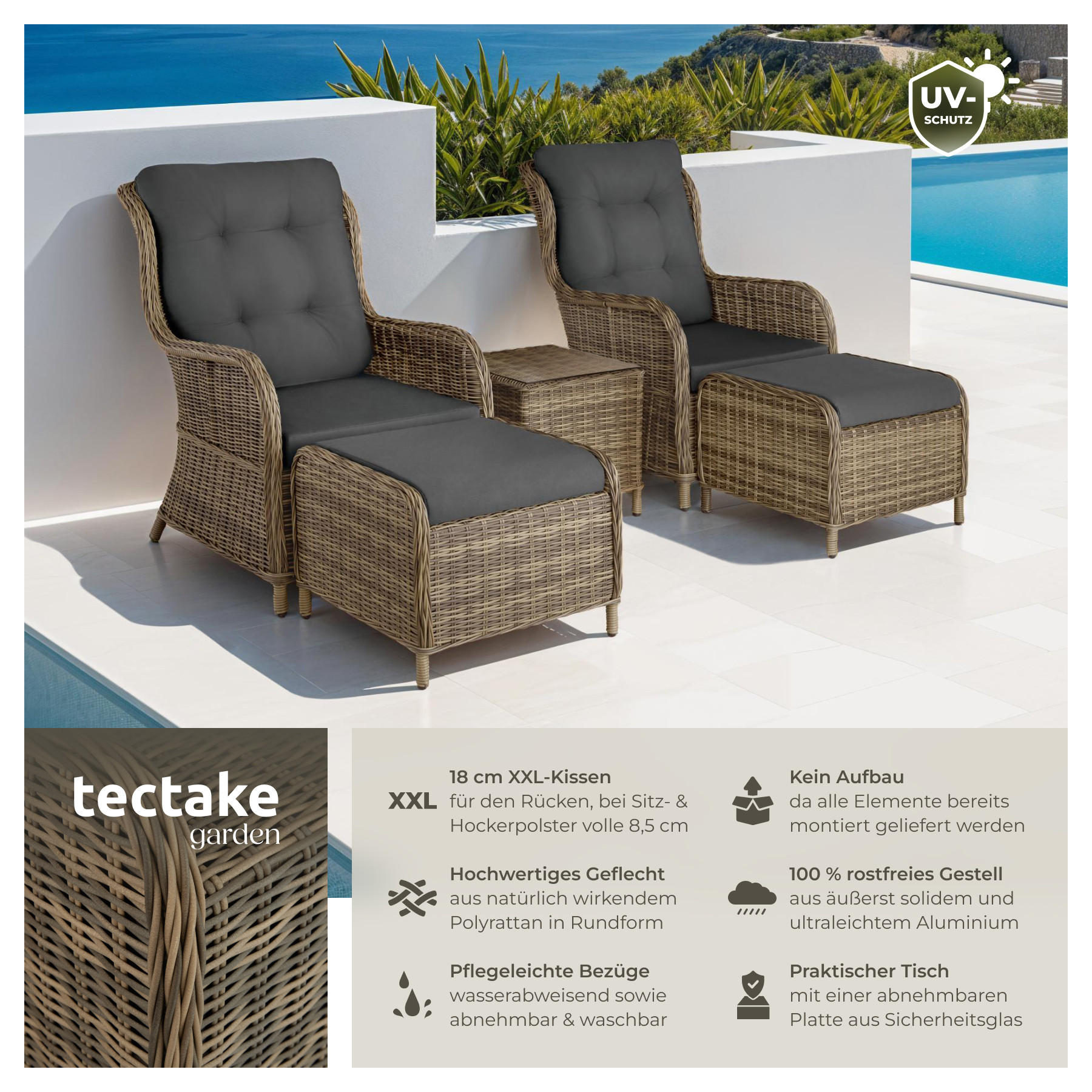 RATTAN SITZGRUPPE Benissa,mit Sicherheitsglasplatte,natur - Naturfarben, Kunststoff - tectake