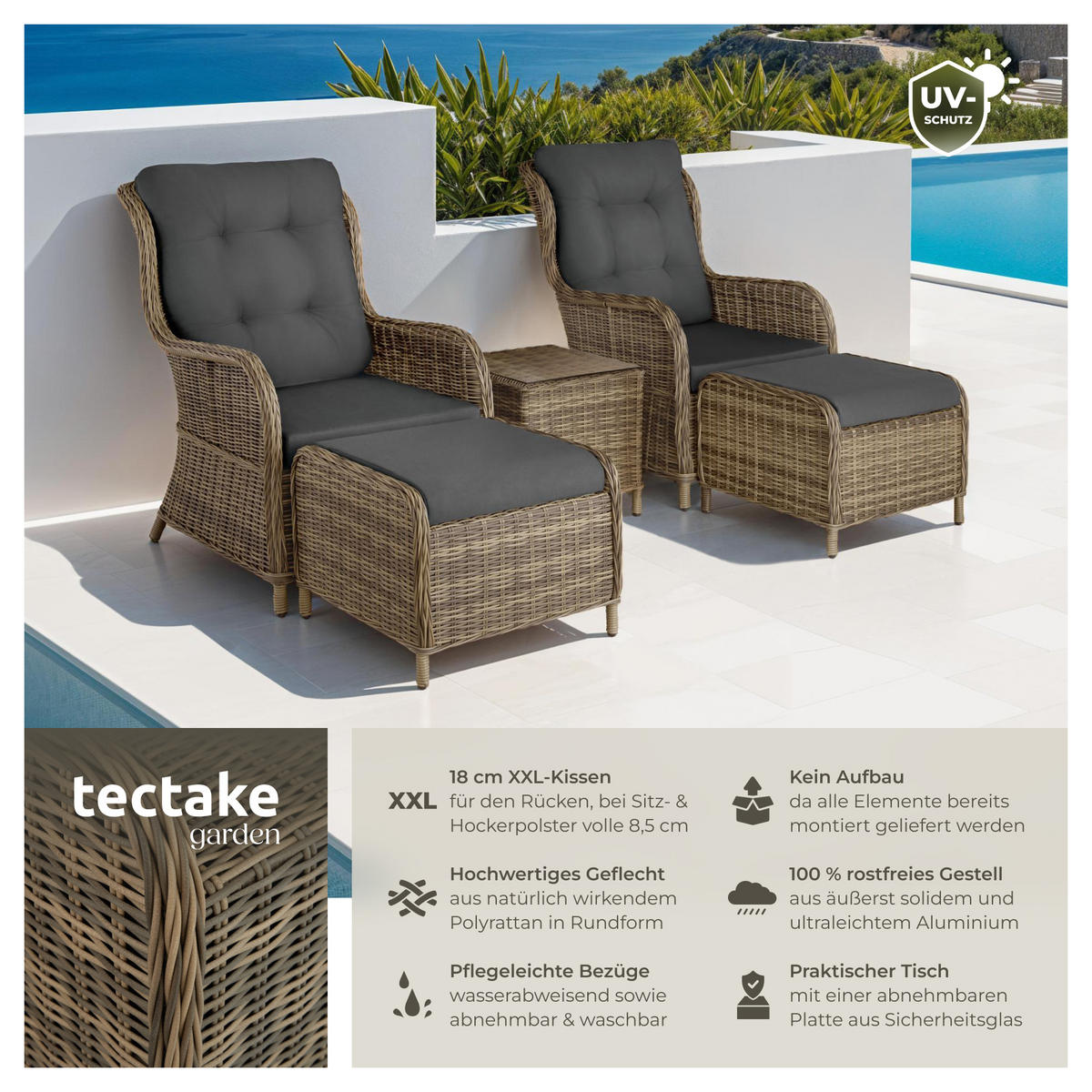 RATTAN SITZGRUPPE Benissa,mit Sicherheitsglasplatte,natur - Naturfarben, Kunststoff - tectake