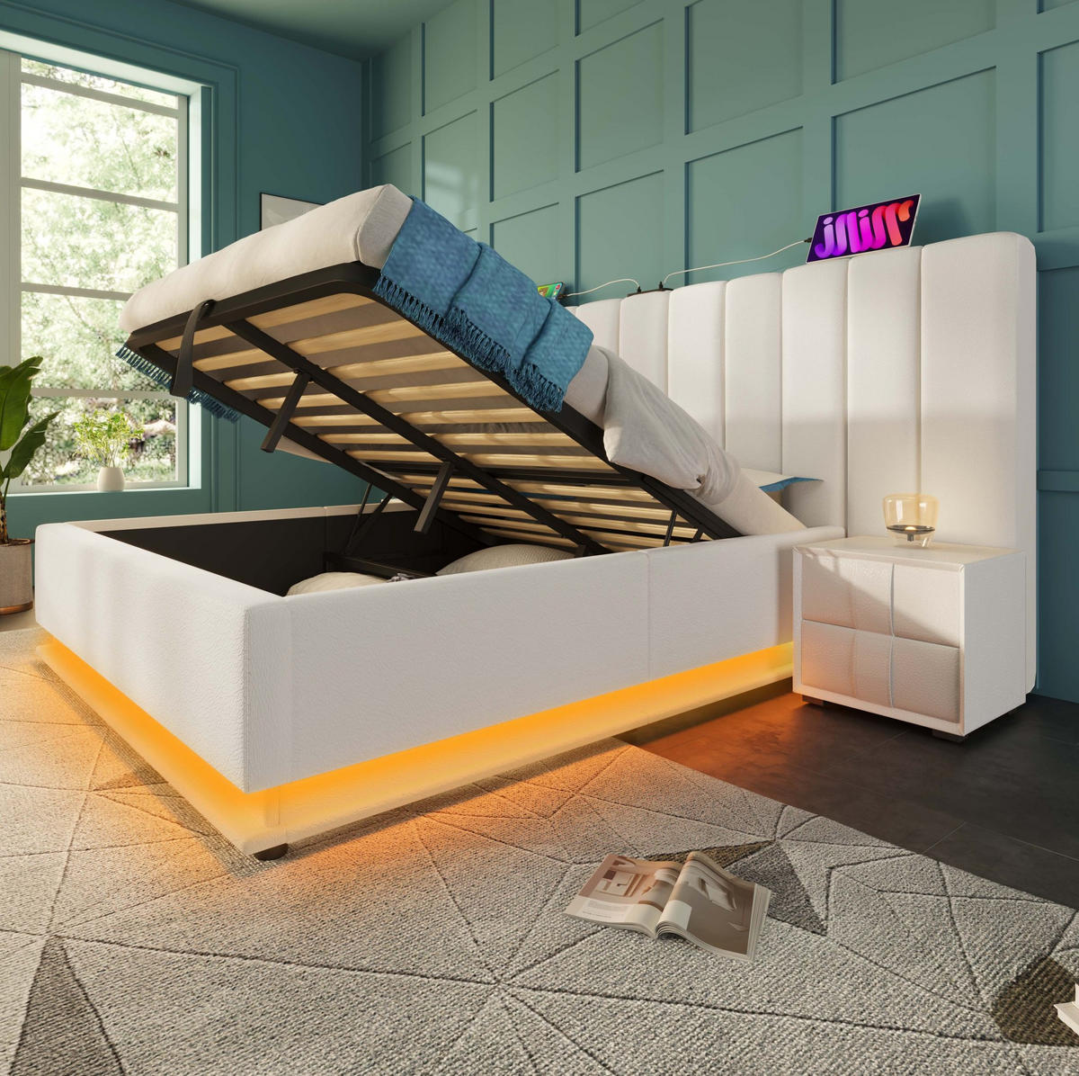 BETT mit Stauraum 160x200 cm PU Weiß mit LED und USB-C - Weiß, Metall (160/200cm) - Meubliv