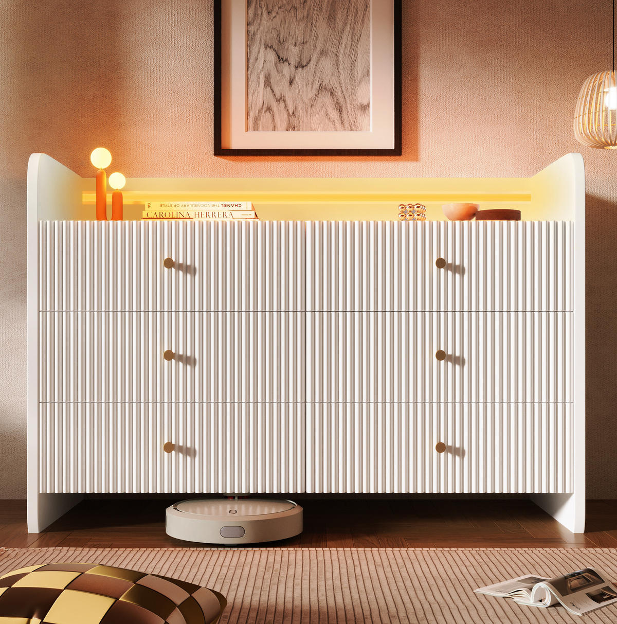 SIDEBOARD aus Spanplatte 120x40x75 cm Weiß mit LED-Beleuchtung, 6 Schubladen und Wellenfront - Weiß, Holzwerkstoff (120/75/40cm) - Modfu