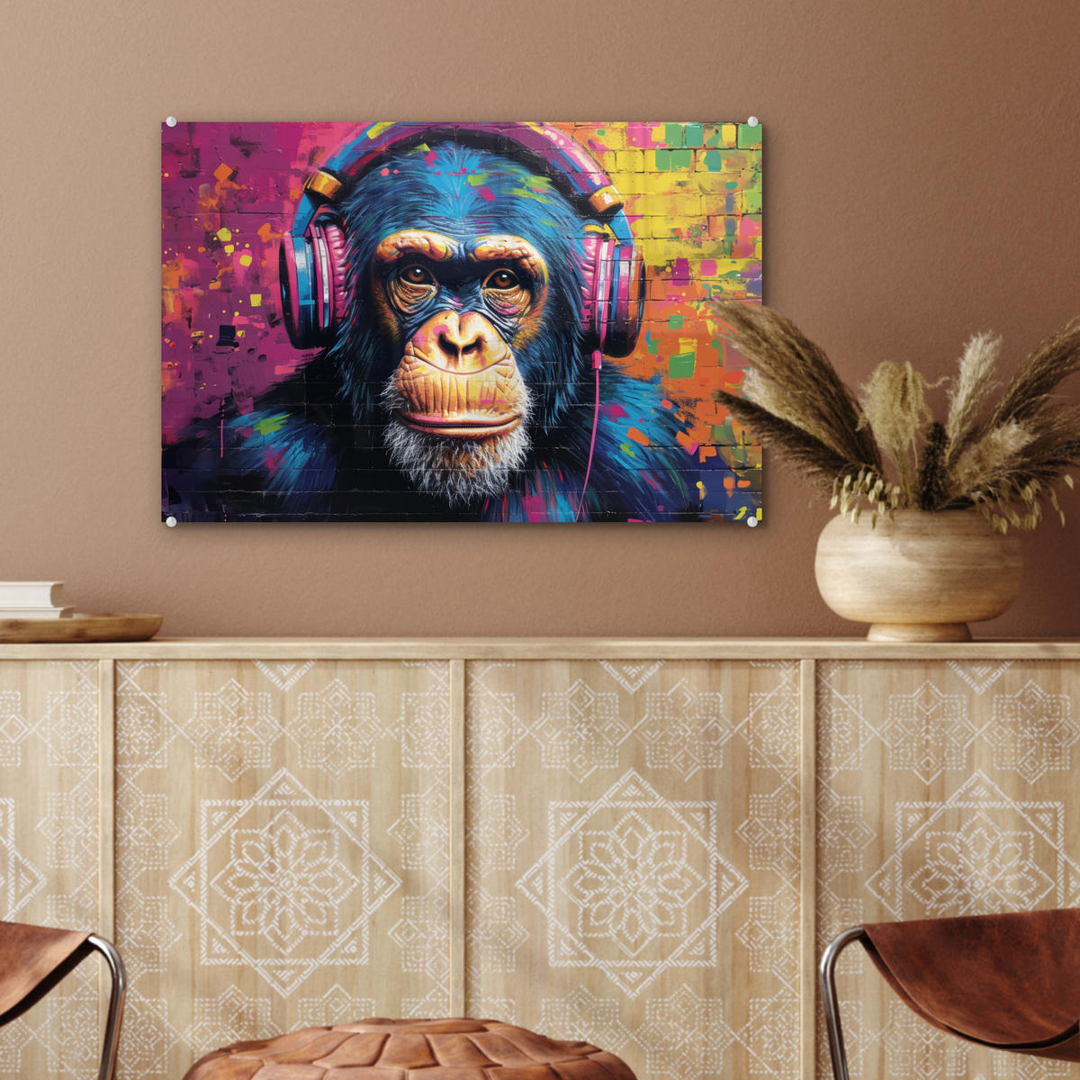 ACRYLGLASBILD Graffiti - Schimpanse - Straßenkunst - Kopfhörer - Affe 60x40 cm - Blau, Glas (60/40cm) - MuchoWow
