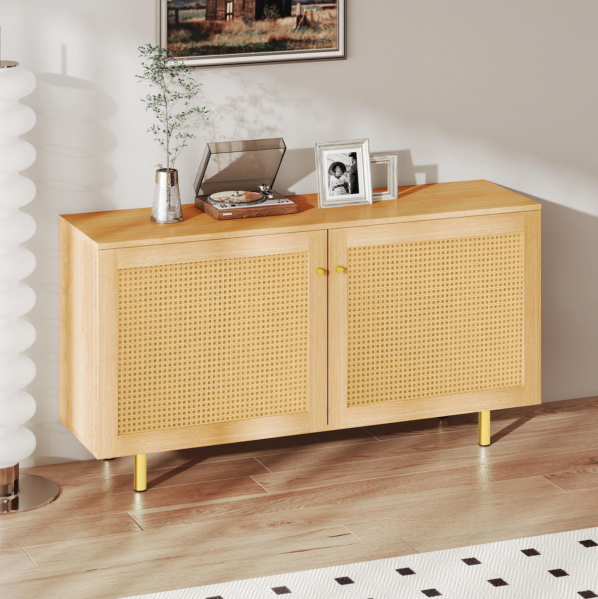 PŘÍBORNÍK z MDF 120x63x40 cm přírodní se 2 dvířky, ratanovým výpletem a kovovými nohami - přírodní, kompozitní dřevo (120/63/40cm) - Modfu
