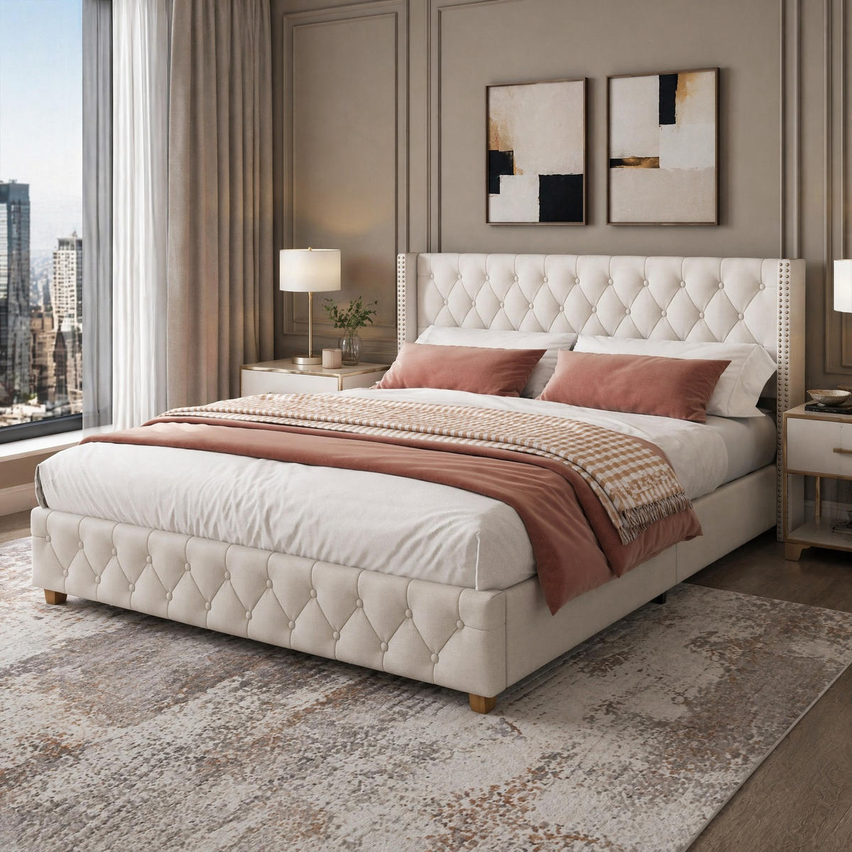 POLSTERBETT 160/200 mit Knopfpolsterung und Nieten in Beige - Beige, Holzwerkstoff/Textil (160/200cm) - EVRYAE