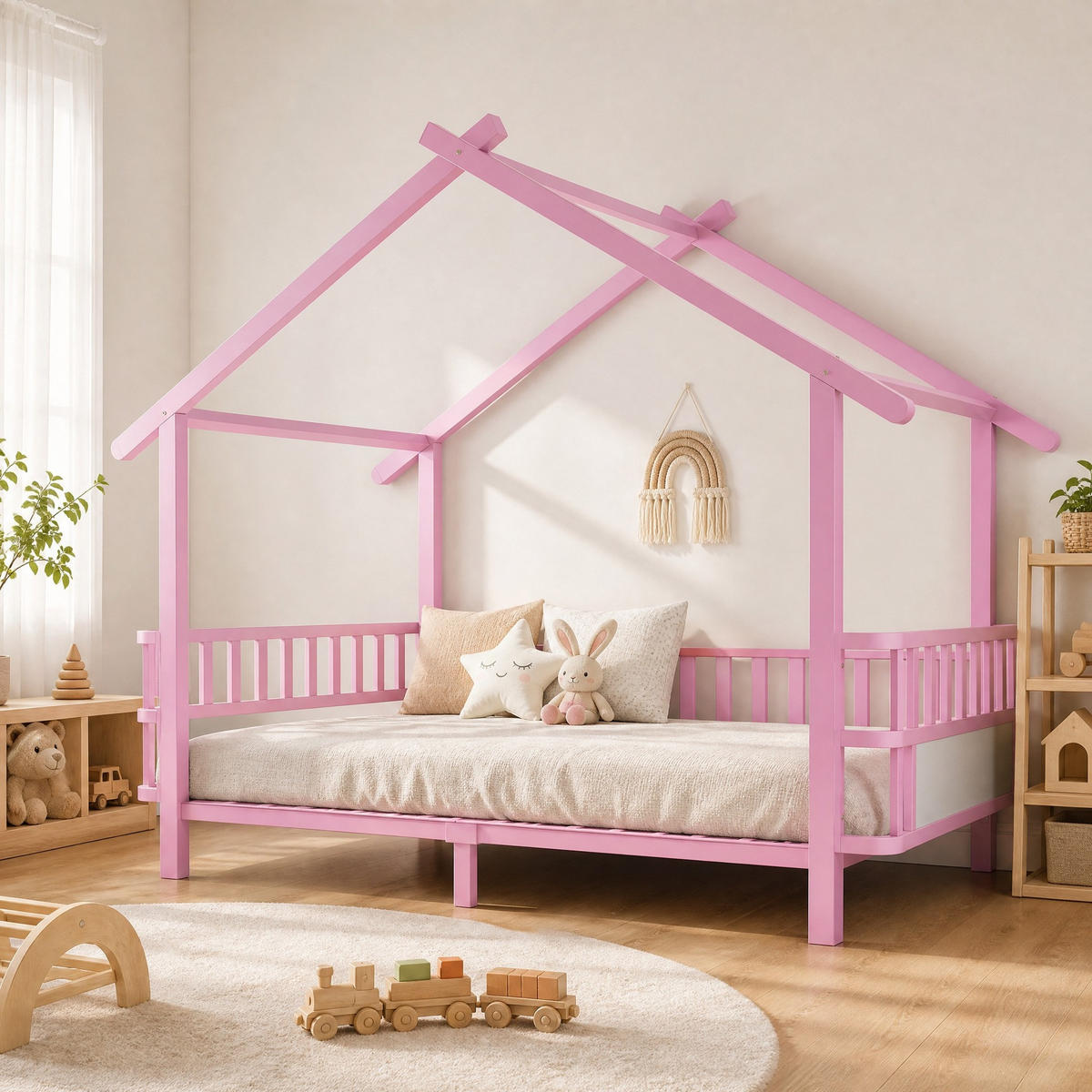 KINDERBETT 90/200 mit Sicherheitsgitter, Dachkonstruktion und Metallrahmen in Rosa - Rosa, Metall (90/200cm) - EVRYAE
