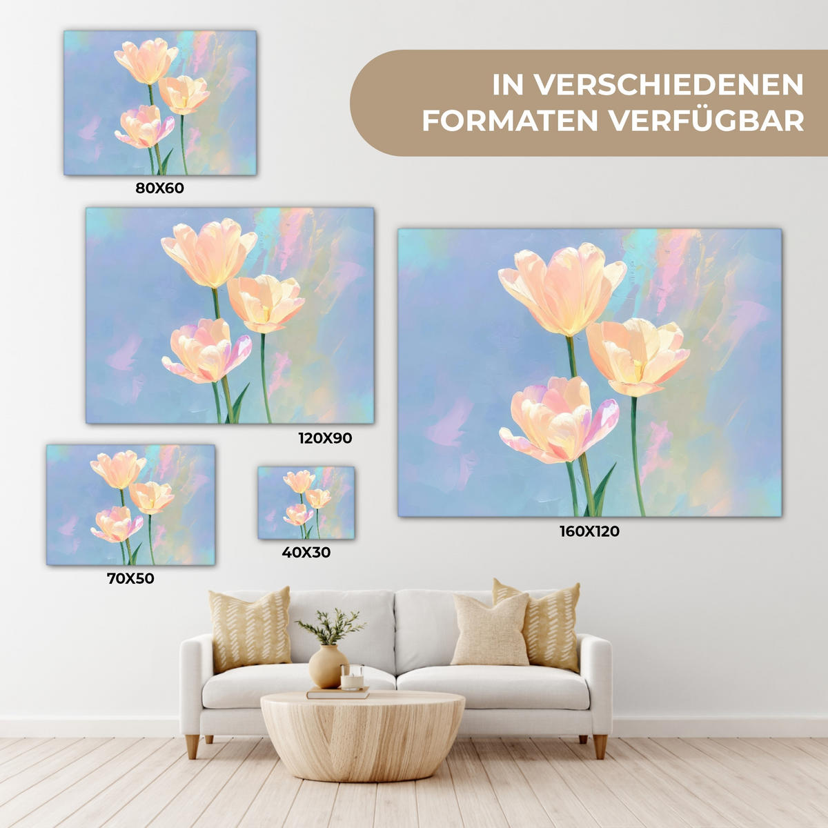 LEINWANDBILD Tulpen - Rosa Akzente - Blau Wandbilder 80x60 cm - Pastellblau, Textil (80/60cm) - MuchoWow