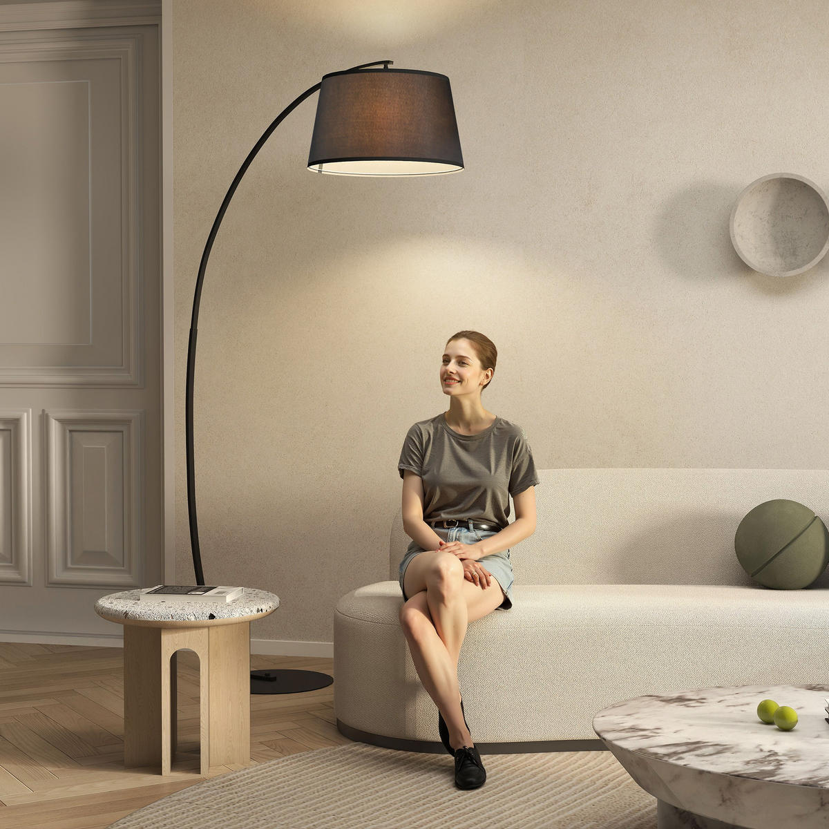 STEHLAMPE Wohnzimmer Stehleuchte mit Lampenschirm aus Stoff, Fußschalter - Schwarz, Metall (105/47/190cm) - HOMCOM