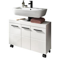 WASCHBECKENUNTERSCHRANK weiß Hochglanz 80 cm, Badezimmer Unterschrank auf Rollen - Weiß Hochglanz/Schwarz, Holzwerkstoff/Kunststoff (80/30/58cm) - Inn.Furn