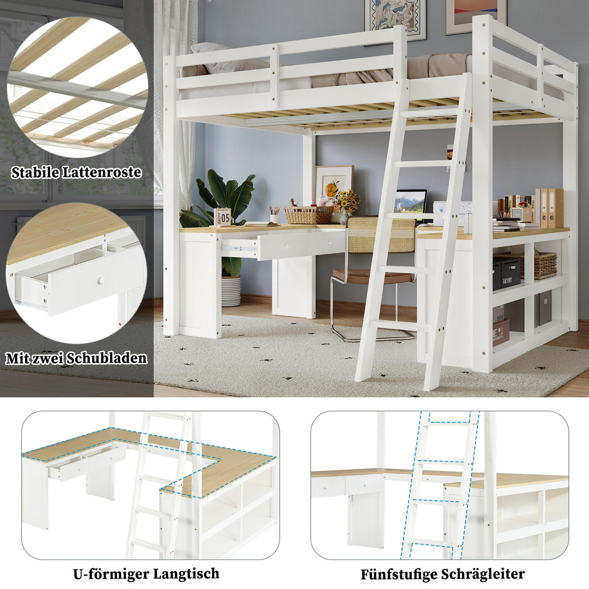 HOCHBETT 140/200 cm, Weiß/Natur mit U-förmigem Langtisch und 2 Schubladen - Weiß, Holz (140/200cm) - MIVRAY