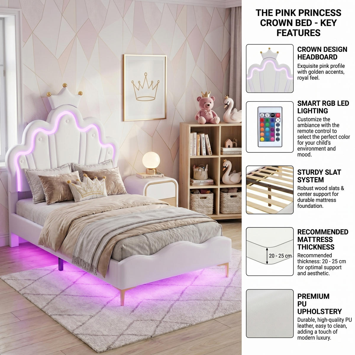 KINDERBETT Bogen-Krone mit 2-Zonen-LED & Goldbeinen 90/200 cm PU-Leder Weiß - Weiß, Leder (90/200cm) - Creahappy