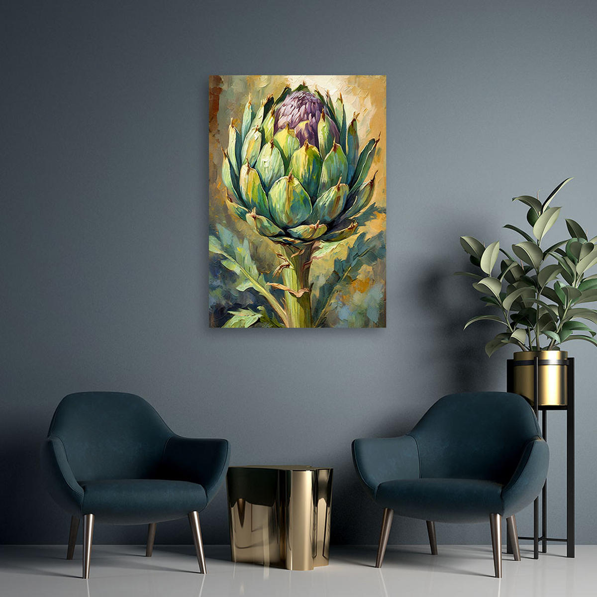 LEINWANDBILD Artischocke Acryl handgemalt - Grün, Textil (80/120cm) - Feeby