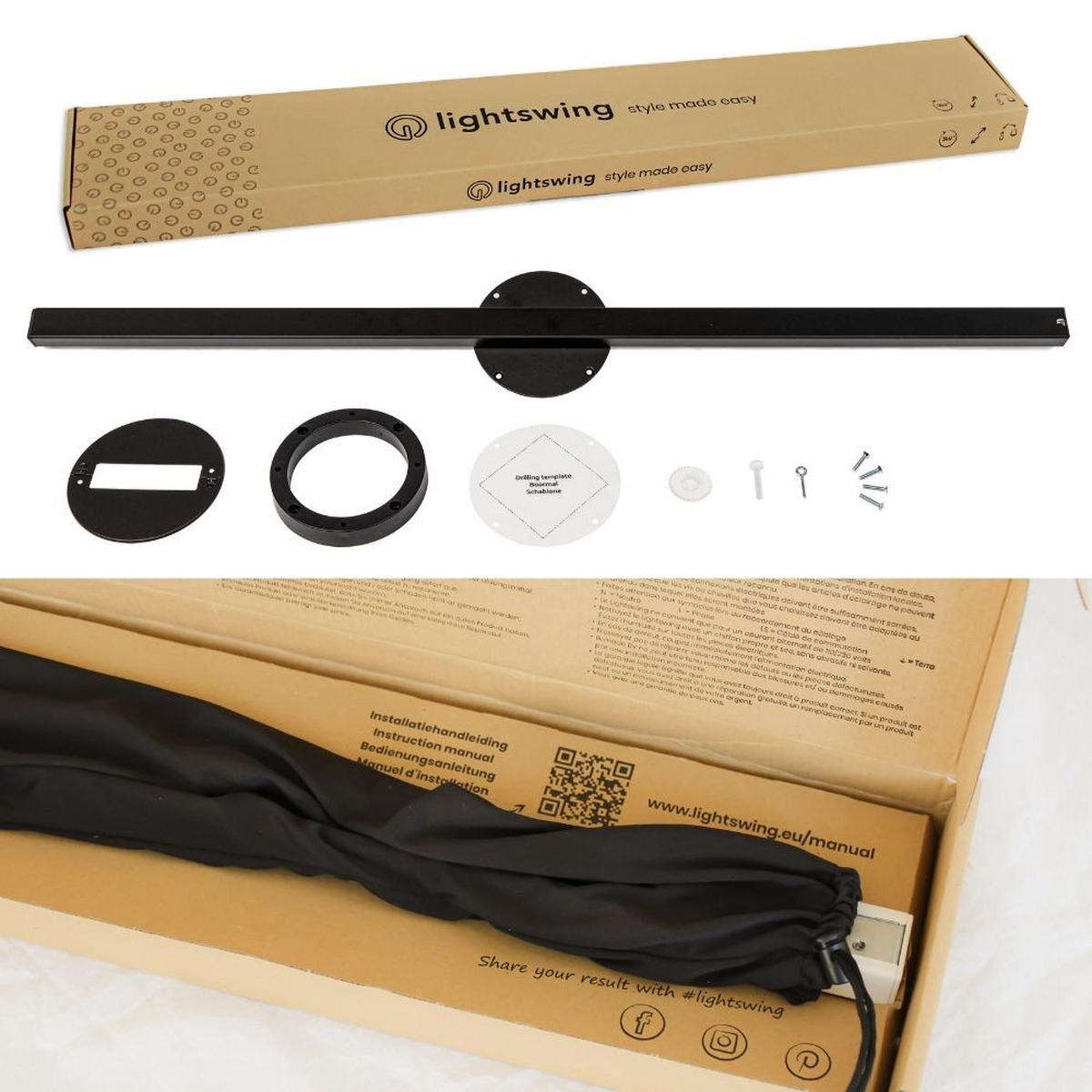 AUFHÄNGESYSTEM für eine Hängelampe - Single - 90cm - Mattschwarz - Verstellbare Lampenaufhängung - Pendelleuchte Schieben und Drehen - Schwarz, Metall (90/3/2cm) - Lightswing®
