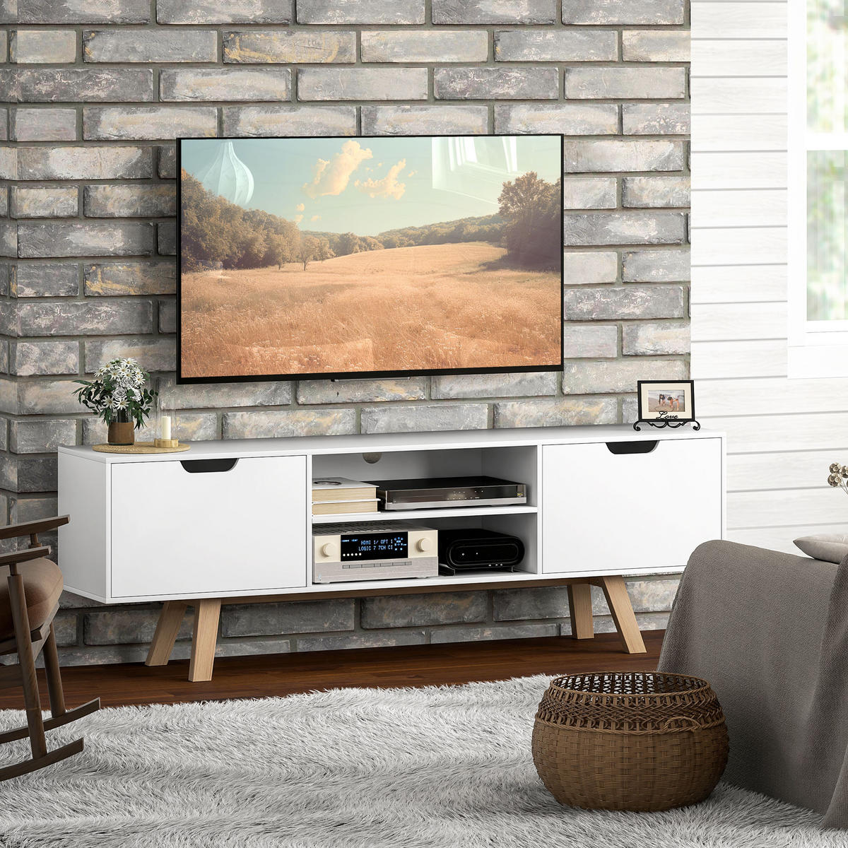 TV-SCHRANK, Fernsehtisch für Fernseher bis zu 65 Zoll, Lowboard mit 2 Schränken - Weiß/Naturfarben, Holz/Holzwerkstoff (39/50/150cm) - HOMCOM