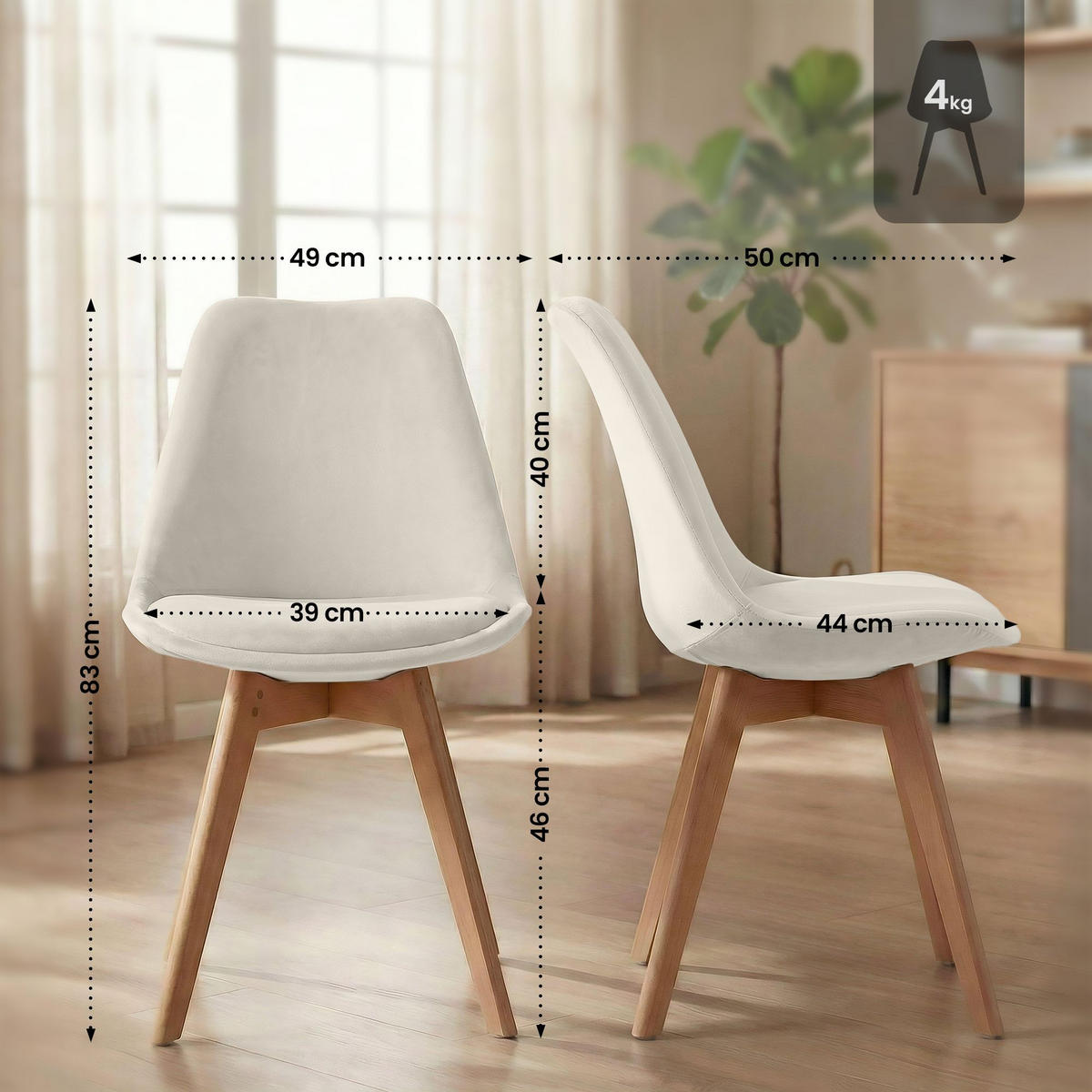 STUHL Samt beige - Eukalyptusholzfarben/Beige, Holz/Textil (49/83/50cm) - CLP