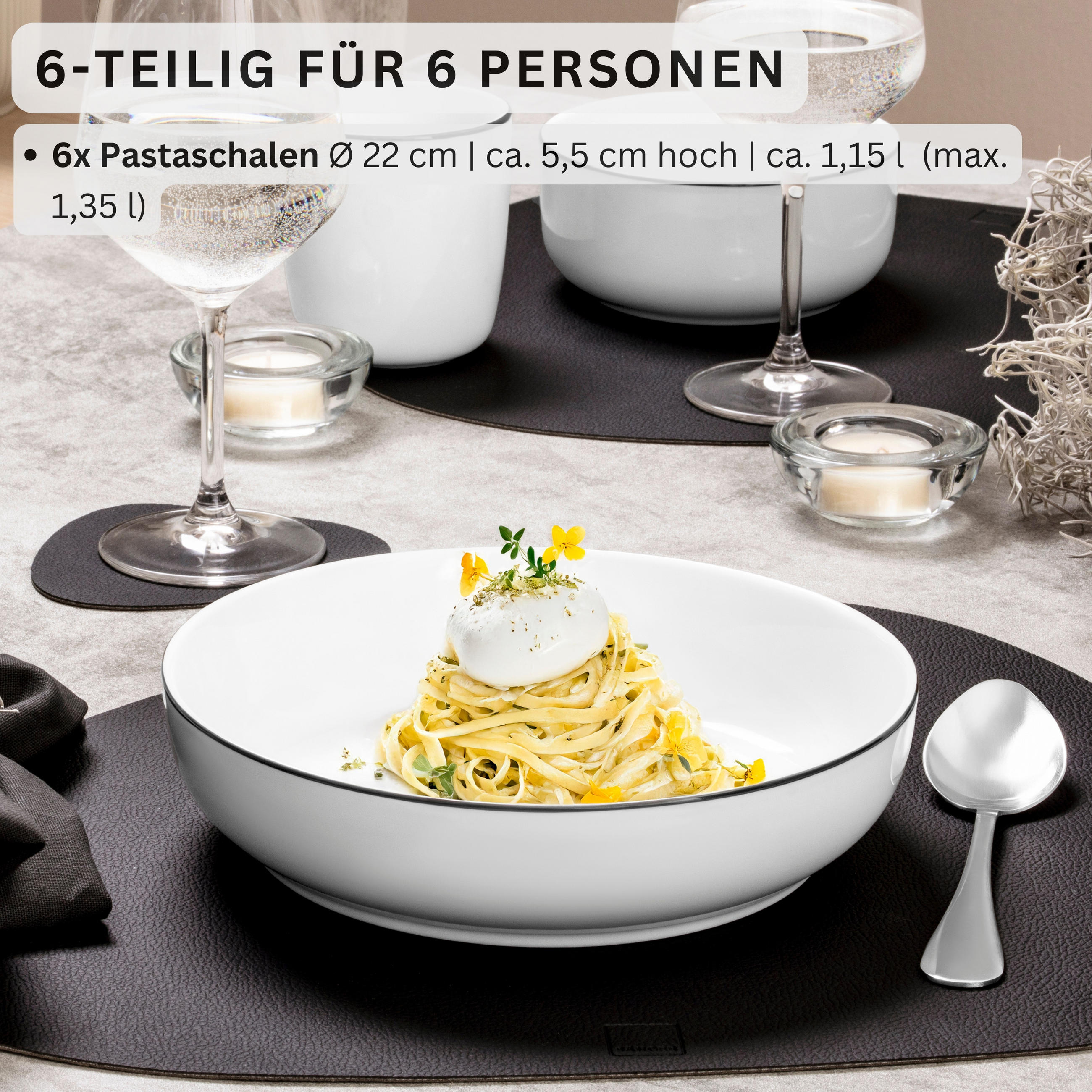 PASTASCHALEN SET MARLO BLACK RIM - 6 teilig aus Porzellan - Weiß, Keramik (22cm) - Sänger