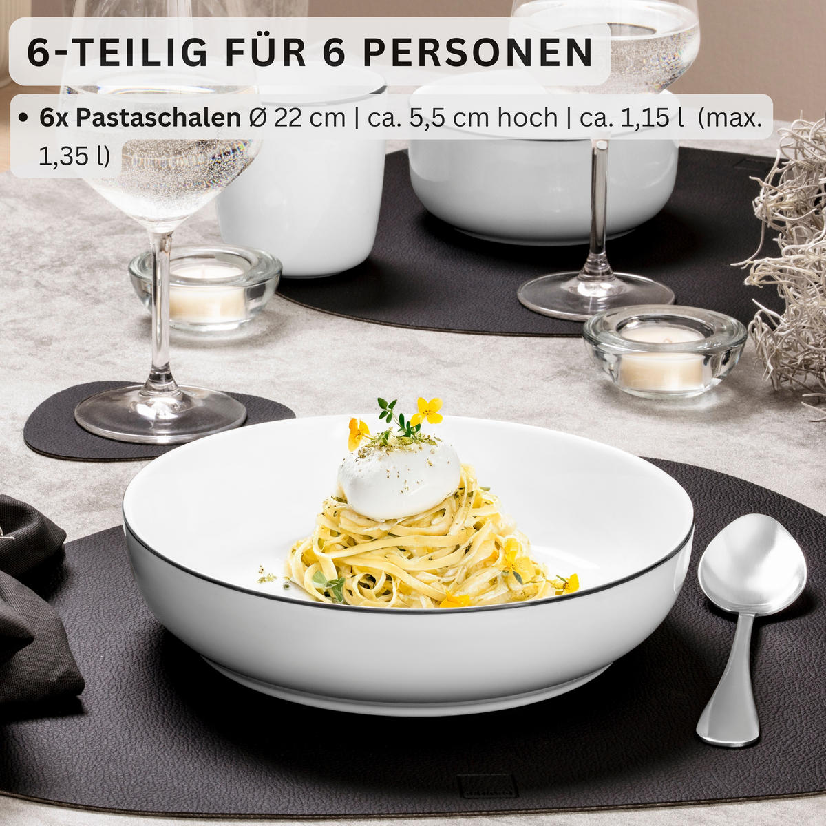 PASTASCHALEN SET MARLO BLACK RIM - 6 teilig aus Porzellan - Weiß, Keramik (22cm) - Sänger