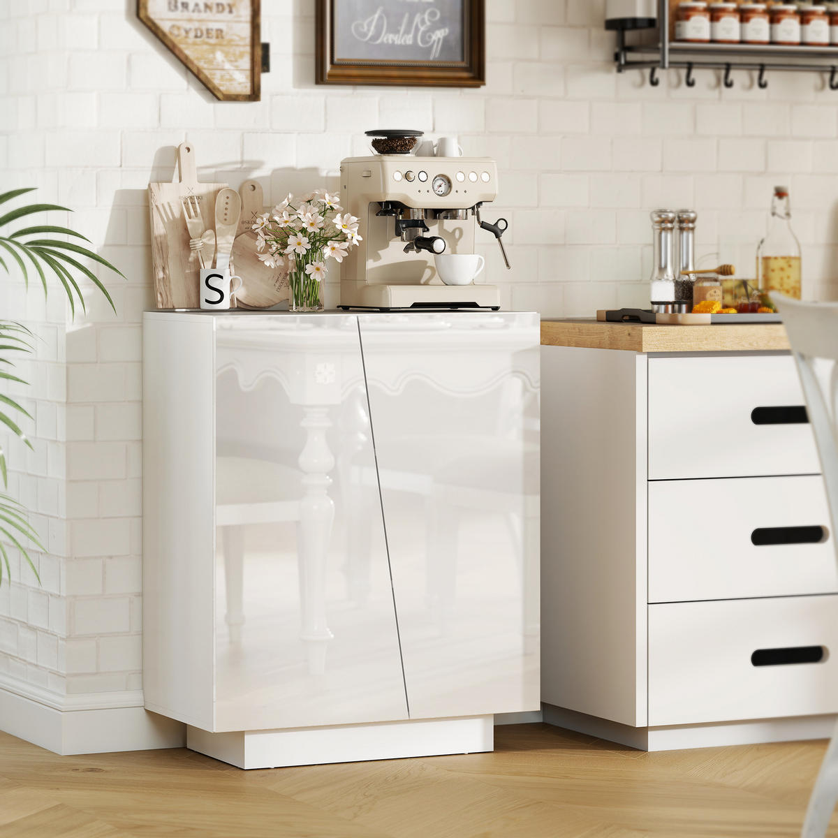 SIDEBOARD DE-11192 2 Türen mit verstellbarem Boden Weiß Hochglanz - Weiß, Holzwerkstoff (70/88/40cm) - ComfortXL