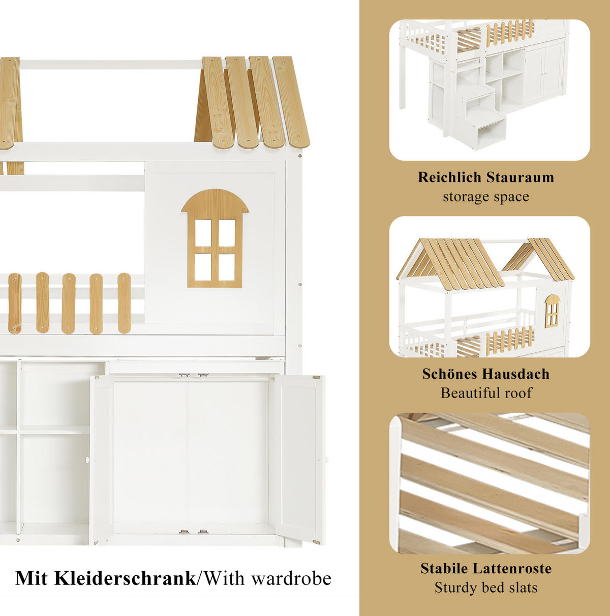 ETAGENBETT 90x200 cm in Weiß/Natur mit Stauraum, Schrank und Treppe - Weiß, Holz (90/200cm) - IVMEU