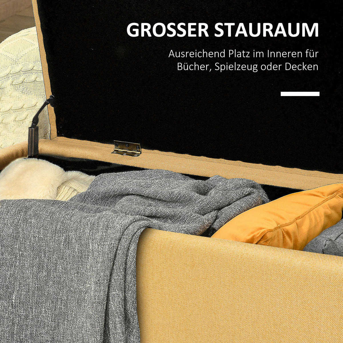 SITZBANK, Polsterbank mit Stauraum, Leinenoptik für Wohnzimmer, 101x38,5x44,5 cm - Gelb, Kunststoff (38.5/44.5/101cm) - HOMCOM