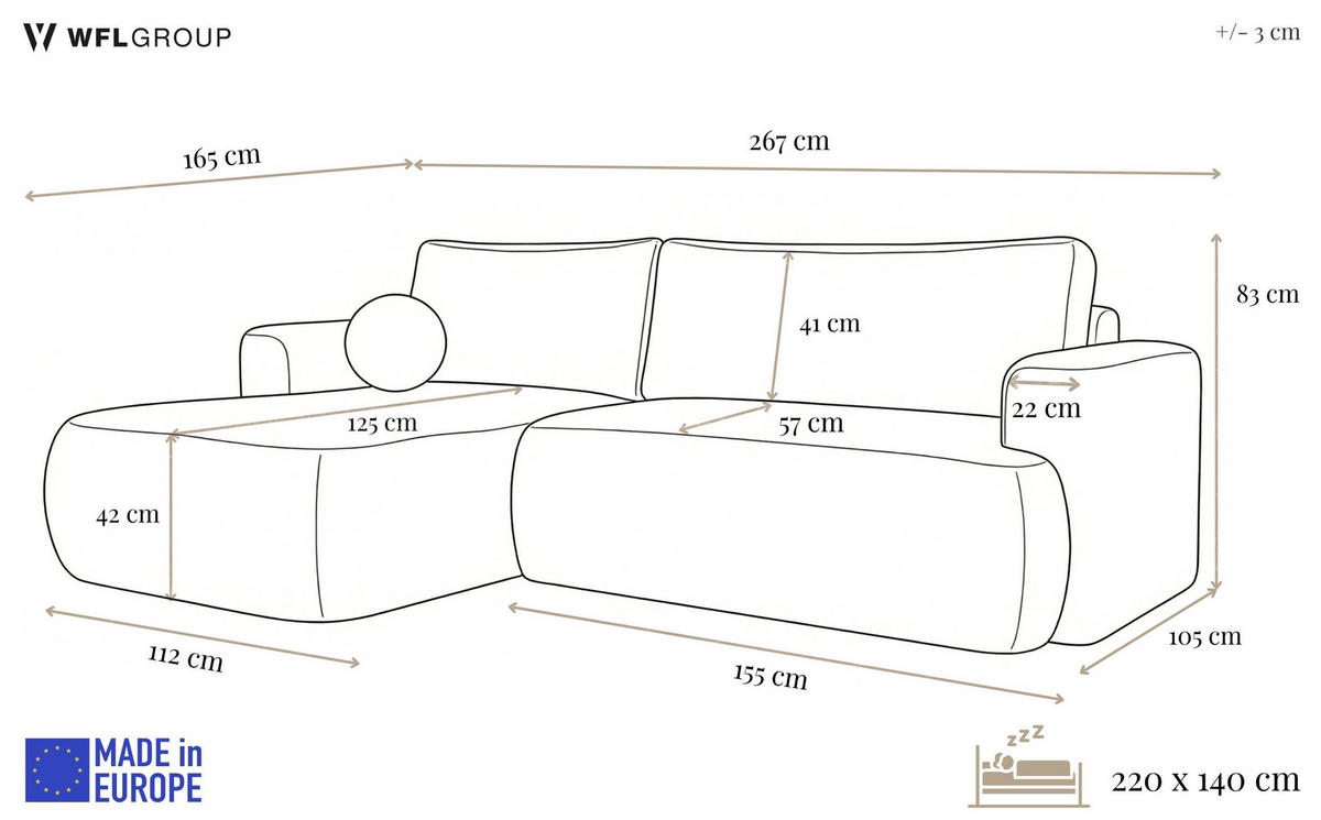 ECKSOFA Marion mit Schlaffunktion & Bettkasten in Chenille Graphit, Schwarz, Rechts 267/154/83 cm - Schwarz/Graphitfarben, Kunststoff/Textil (267/154cm) - WFL GROUP