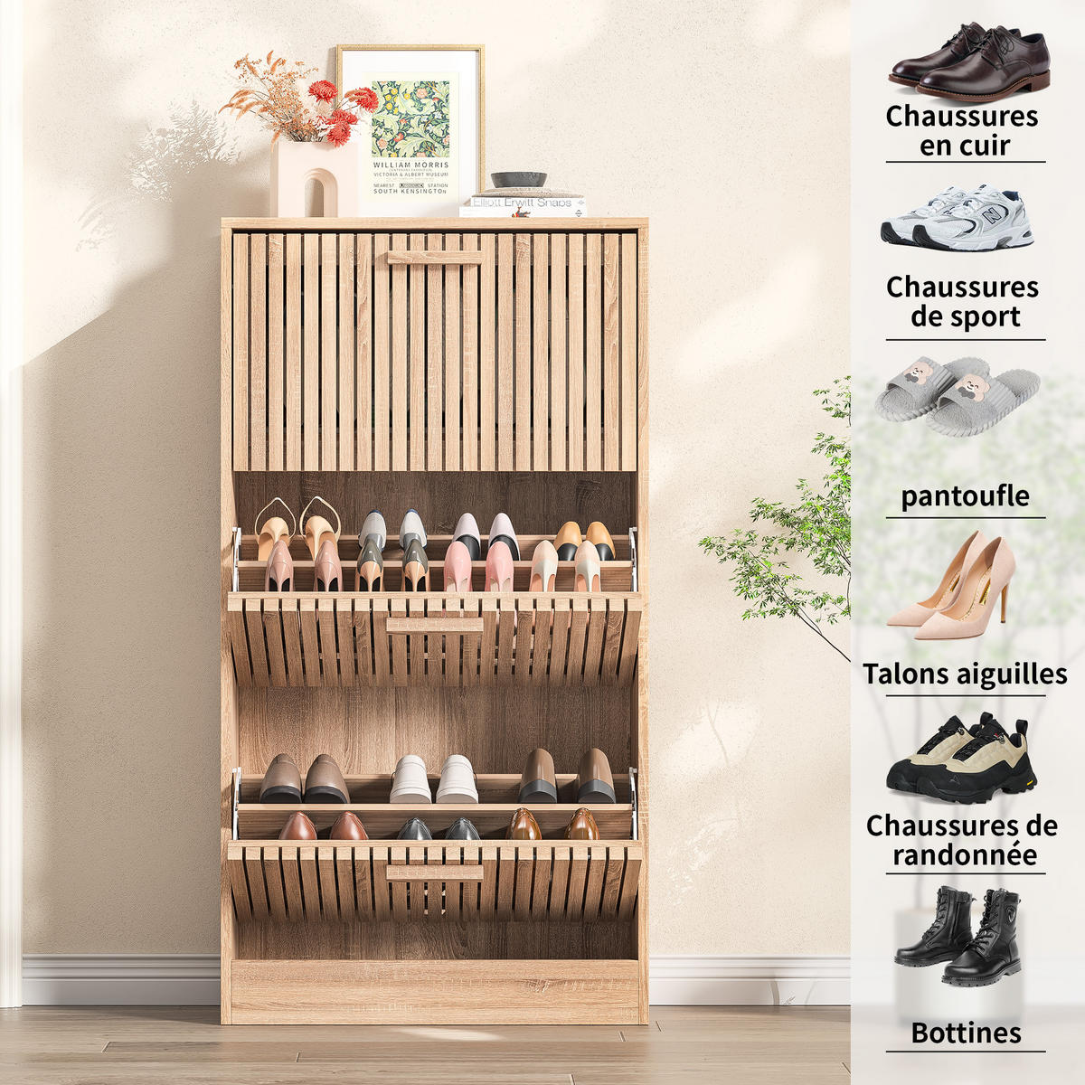 SCHUHSCHRANK 60x24x113 cm 3 Klapptüren Stauraum Holzoptik - Naturfarben, Holz (24/113/60cm) - LEBENLANG