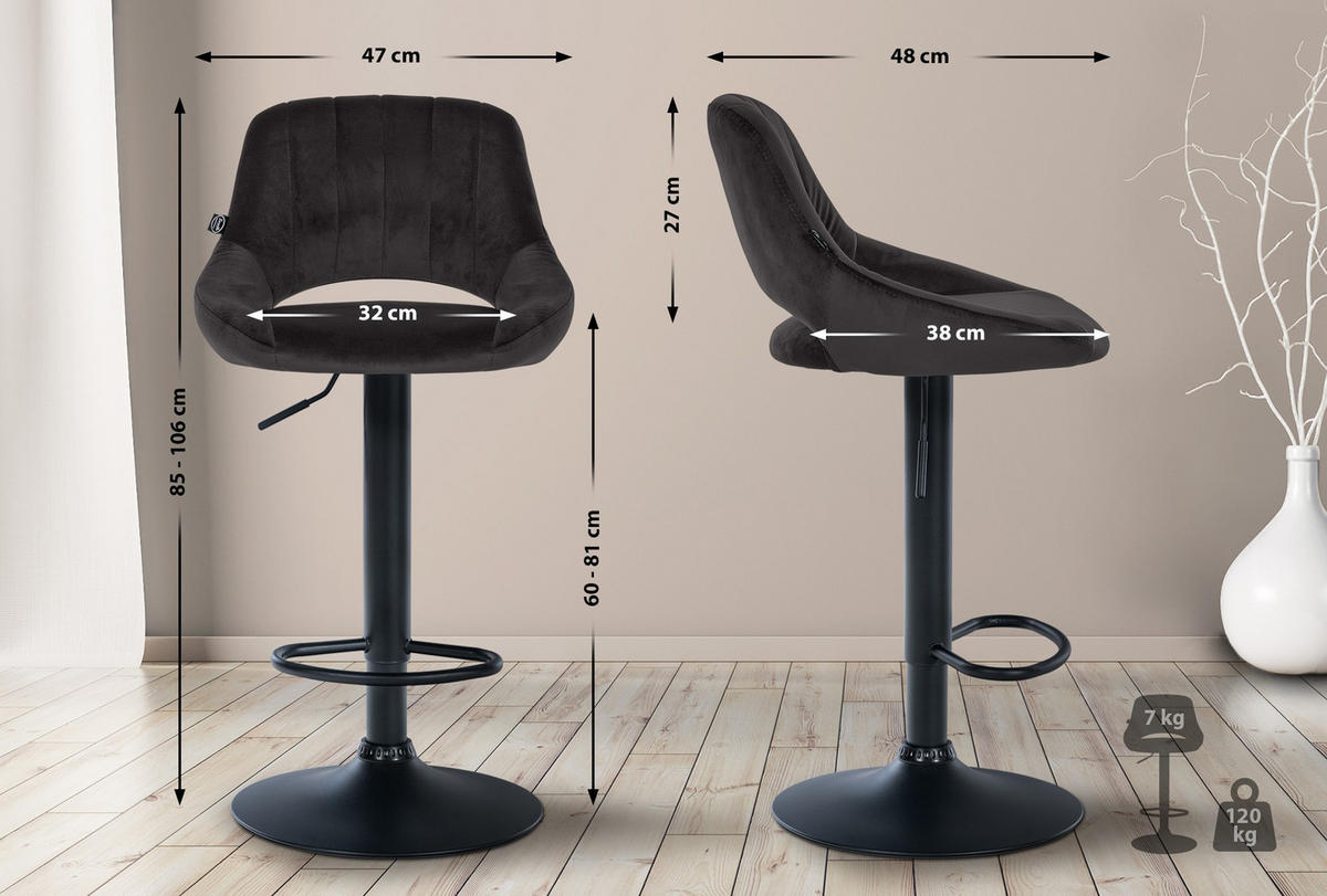 BARHOCKER 2er Set Milos Samt B schwarz - Schwarz, Textil/Metall (47/106/48cm) - TPFLiving