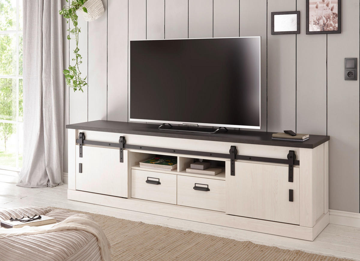 TV-LOWBOARD weiß Pinie, anthrazit, Landhaus, TV Unterteil Komforthöhe 201 x 61 cm - Anthrazit/Weiß, Holzwerkstoff/Metall (201/61/43cm) - Furn.Design