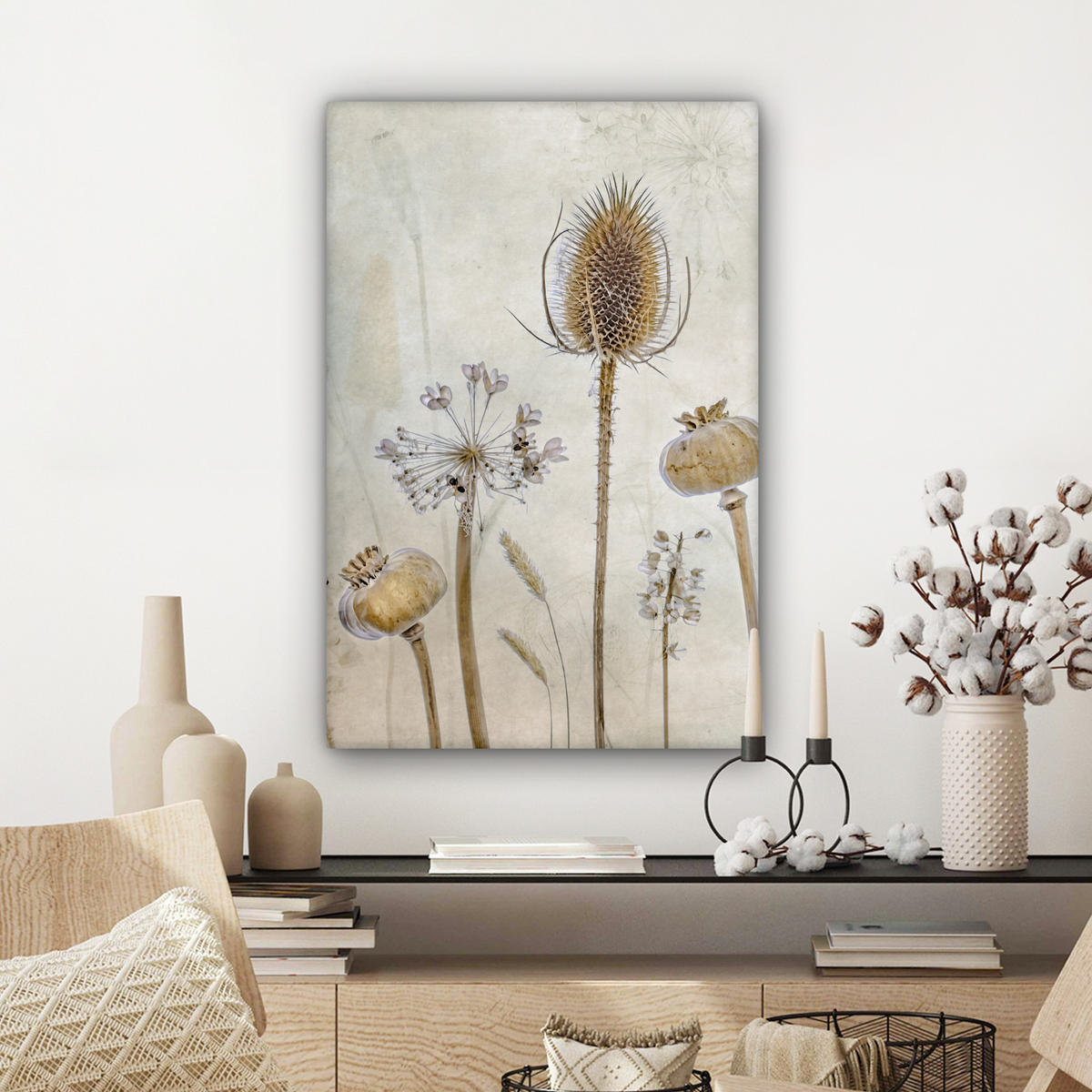 LEINWANDBILD Blumen - Aquarell - Stilleben - Braun - Vintage 60x90 cm - Beige, Textil (60/90cm) - MuchoWow