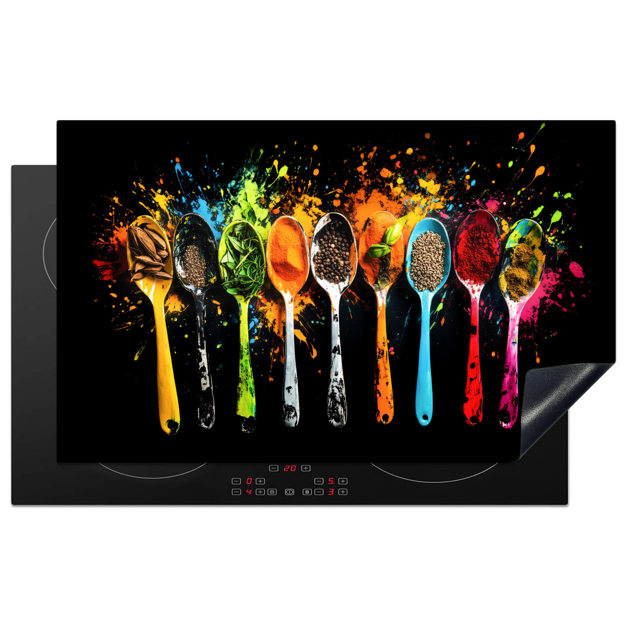 HERDABDECKPLATTE Löffel - Gewürze - Modern - Graffiti - Farbe - Farbenfroh 85x52 cm - Multicolor, Kunststoff (85/0.2/52cm) - MuchoWow