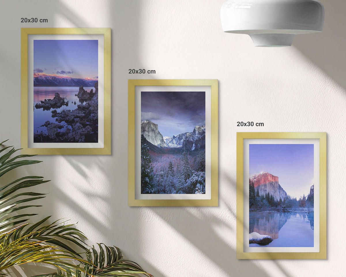 BILDER SET 3er Set - 20x30 cm Goldrahmen - Berglandschaften, Sonnenuntergang, Wasser - Goldfarben, Kunststoff (20/30cm) - TULUP