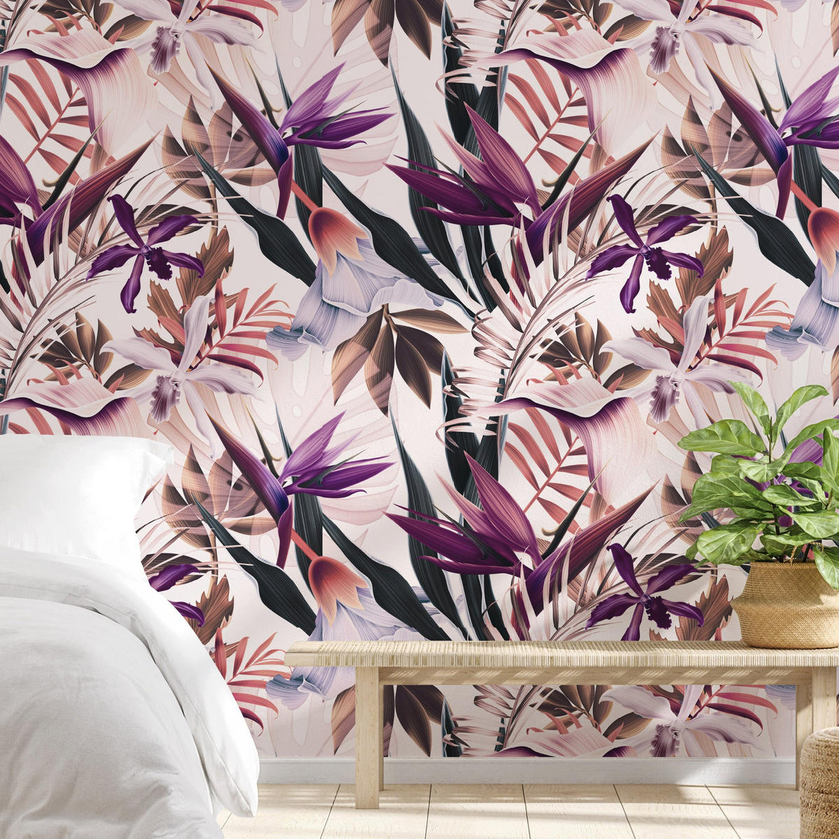 TAPETE Tropisch aus echtem Papier, 200x280cm, 8 Bögen - Pink, Papier (200/280cm) - WALLPAPERS4BEGINNERS