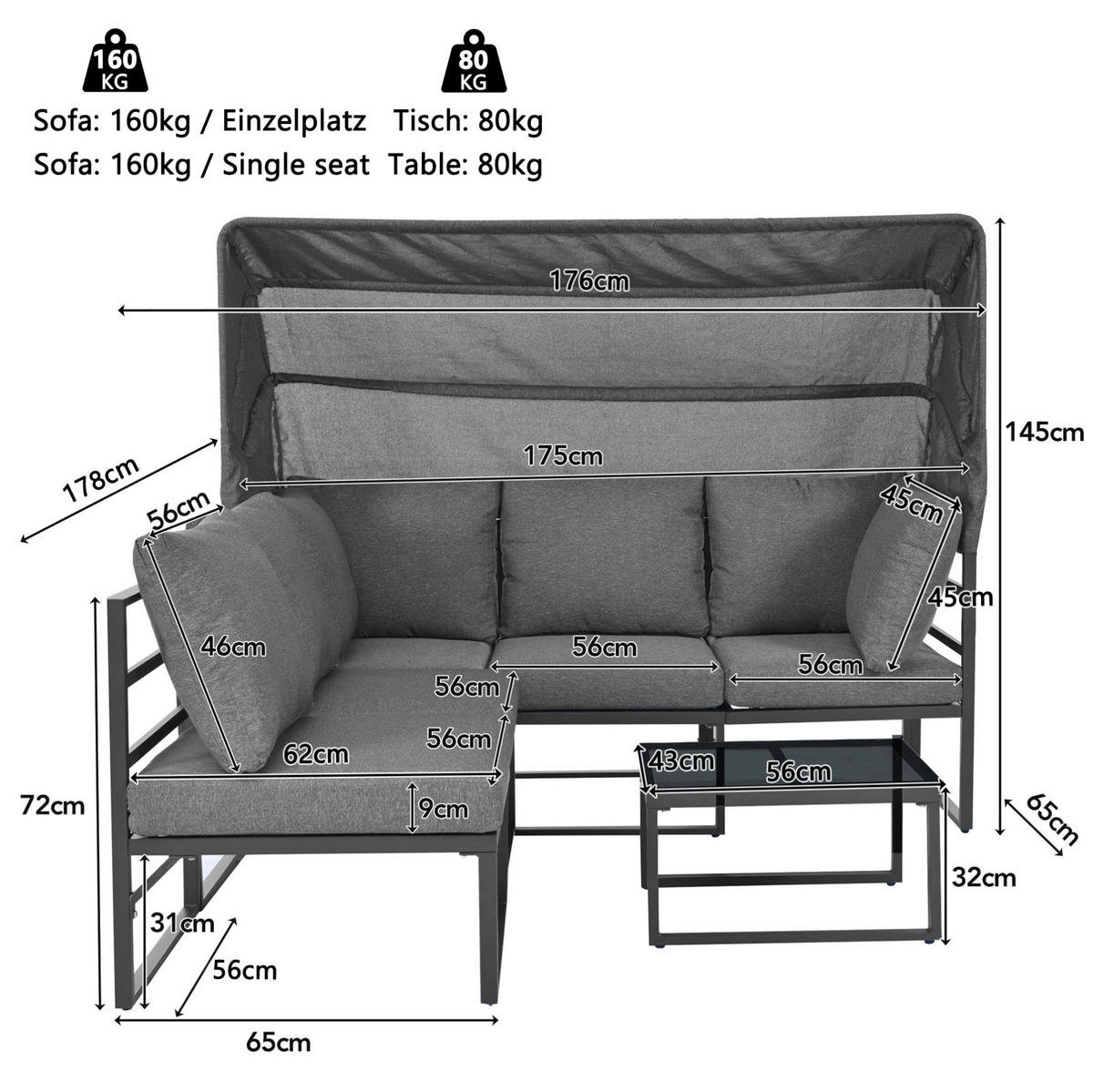 GARTENMÖBEL-SET 176/65/145 cm grau aus Eisen mit Sonnenschutz - Grau, Metall - OKWISH