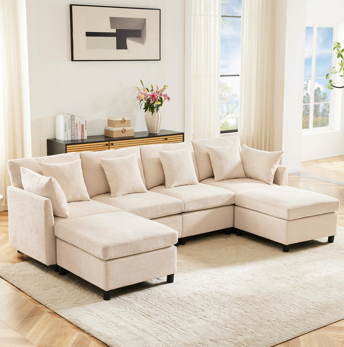 SOFA modular 278 x 161 cm Chenille Beige 3-tlg. mit 2 Hockern und 6 Kissen - Beige, Textil (161/81/278cm) - Meubliv