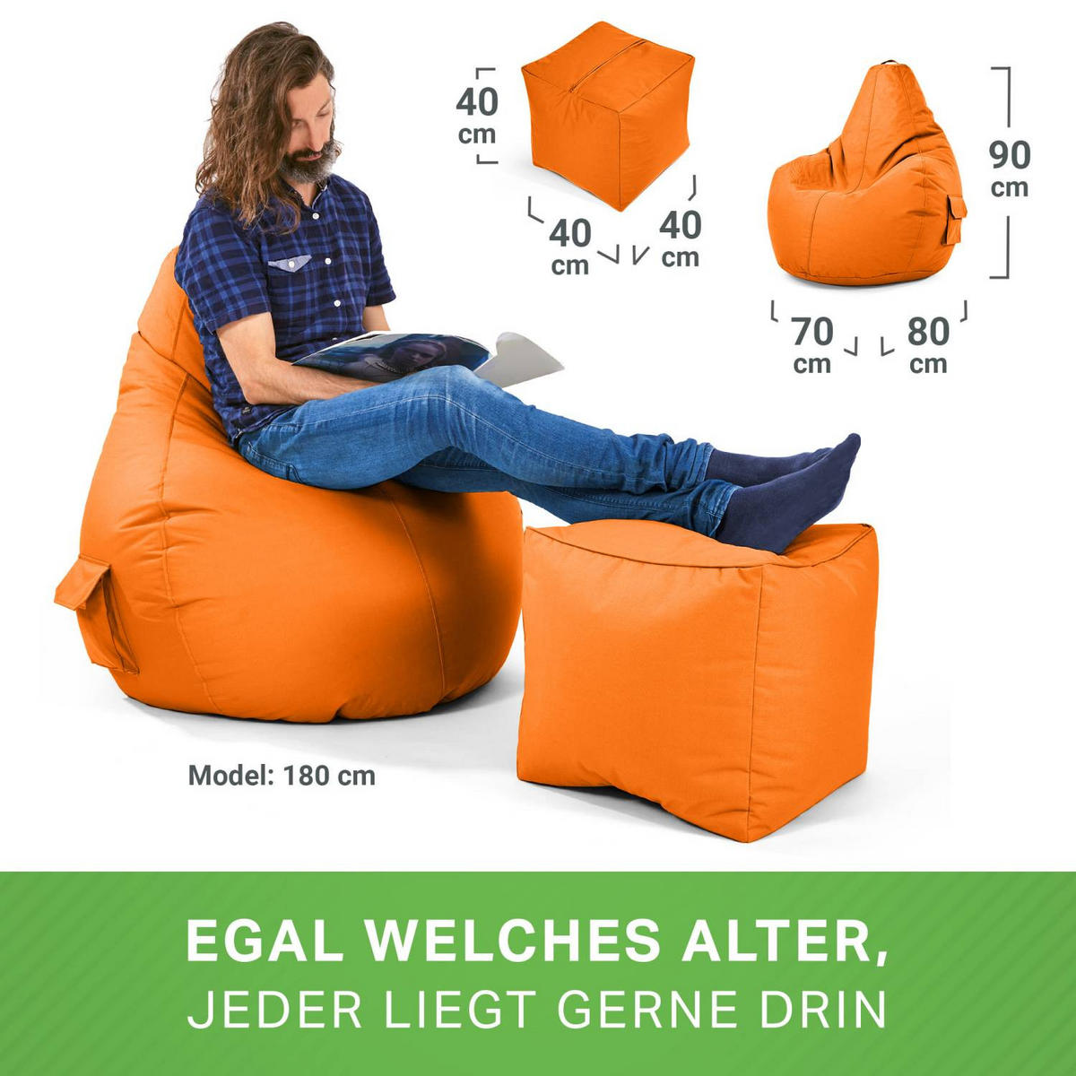 SITZSACK + Hocker "Cozy+Cube" 2er Set - Orange, Textil (70/90/80cm) - Green Bean